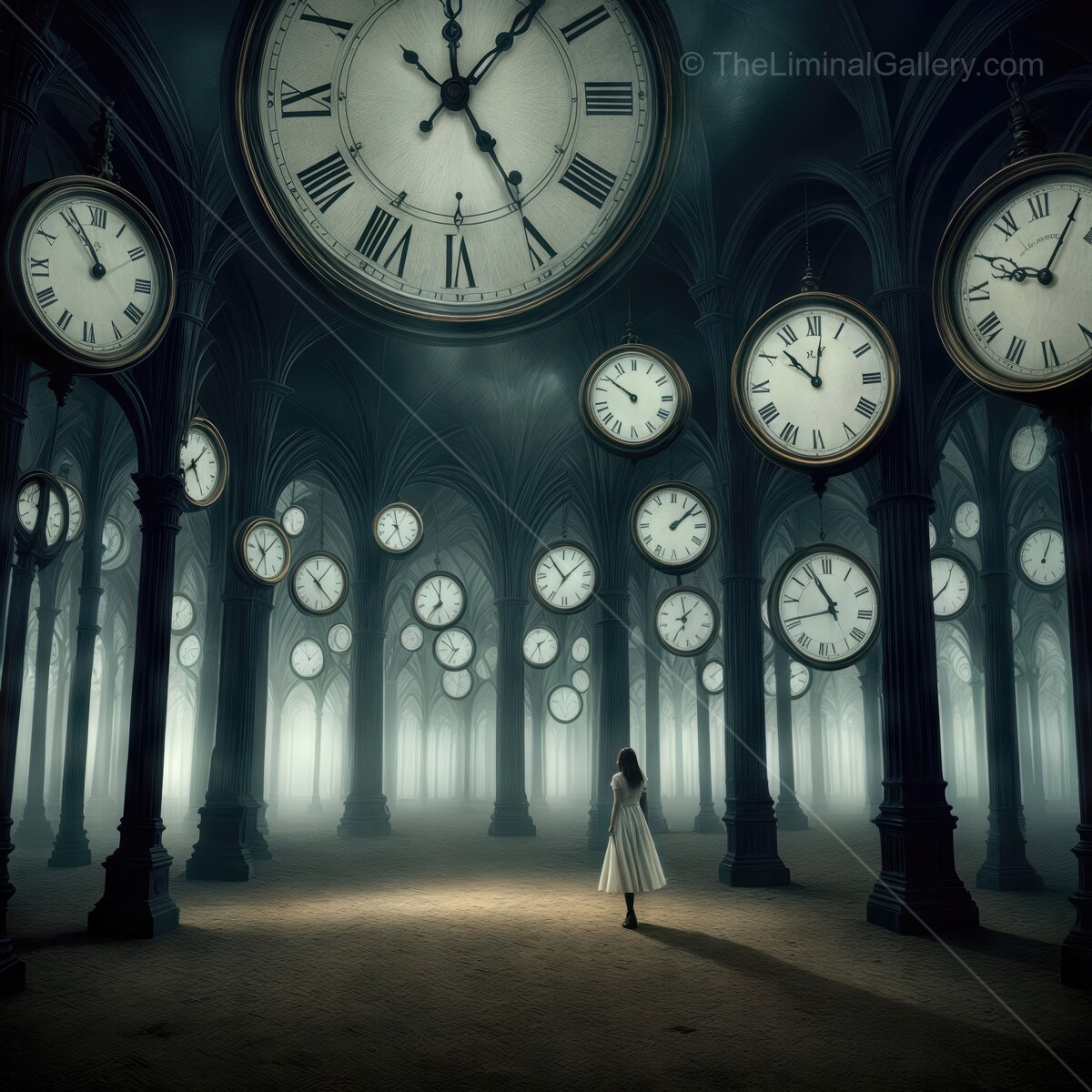 Timeless wandering through a hall of clocks under an enigmatic sky at twilight
