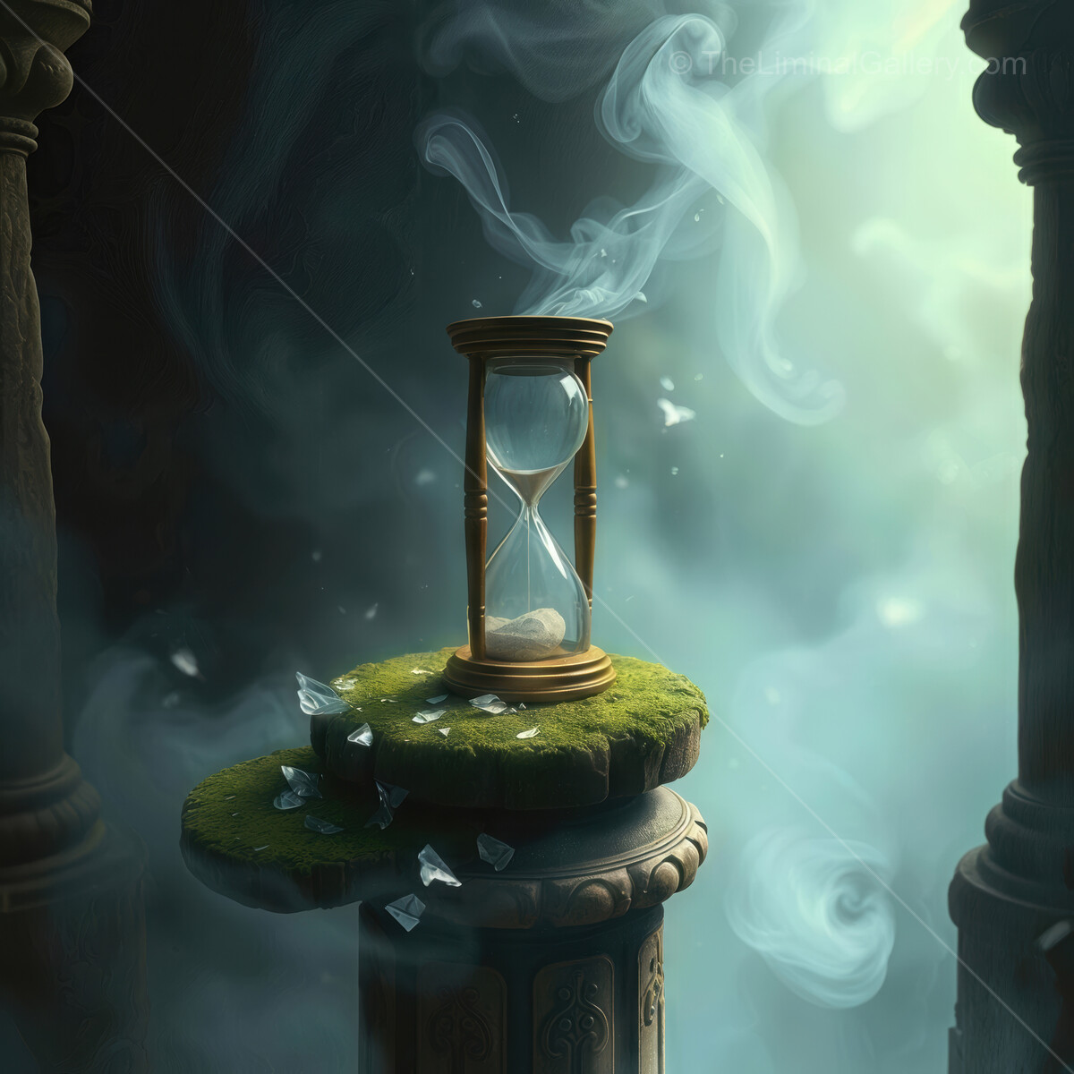 Mystical hourglass resting atop ancient ruins, surrounded by ethereal mist and shattered glass