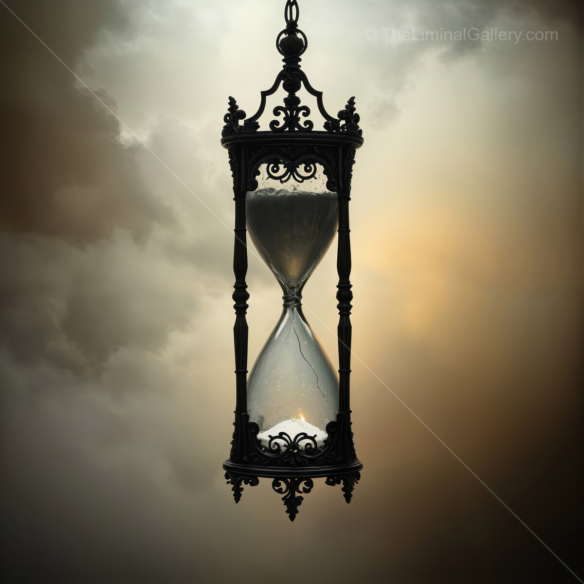 Elegant hourglass pendant with flowing sand against a dreamy foggy background at twilight