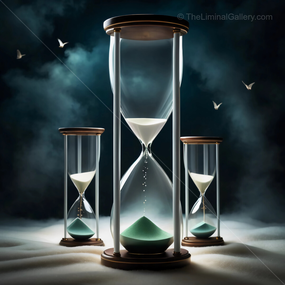 Intricate hourglasses capture the essence of time and fleeting moments in a misty, ethereal landscape