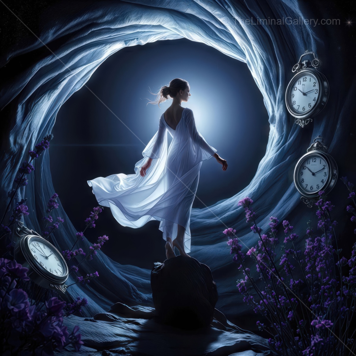 Ethereal woman in flowing white dress surrounded by clocks, standing in a mystical cave with flowers at night