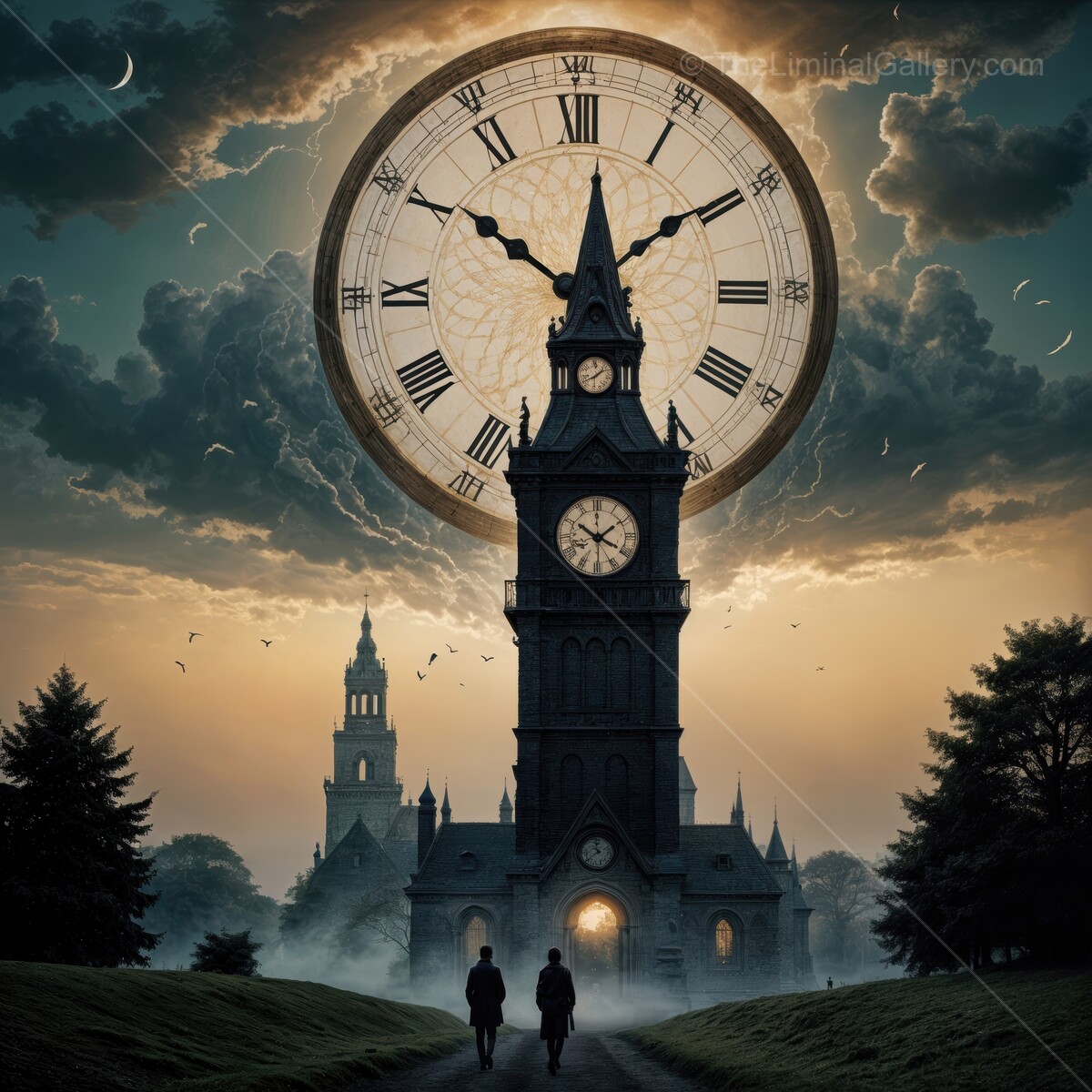 Majestic clock tower towers over a misty landscape at twilight with ethereal atmosphere