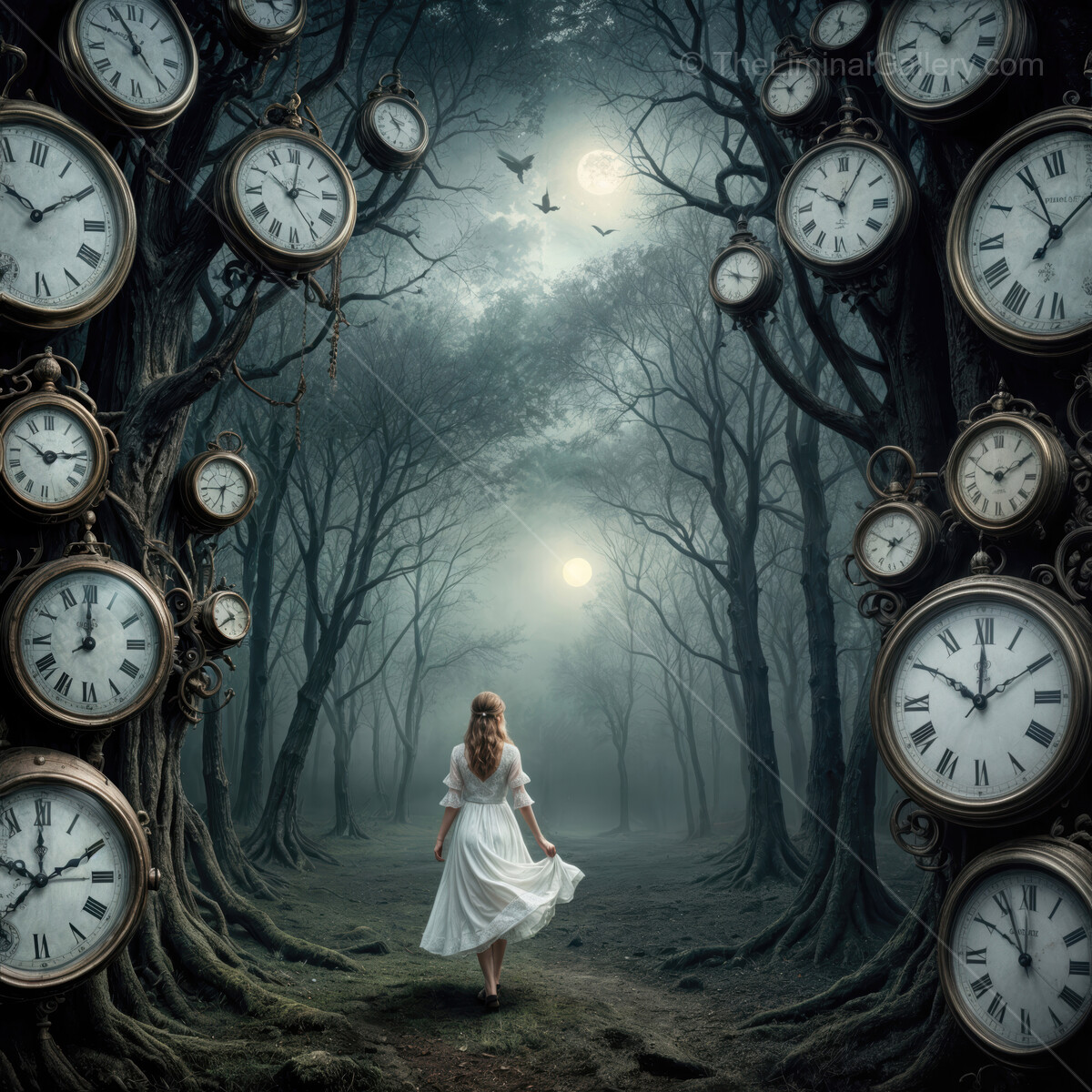 Enchanting journey through a misty forest of time with a girl in a white dress at dusk