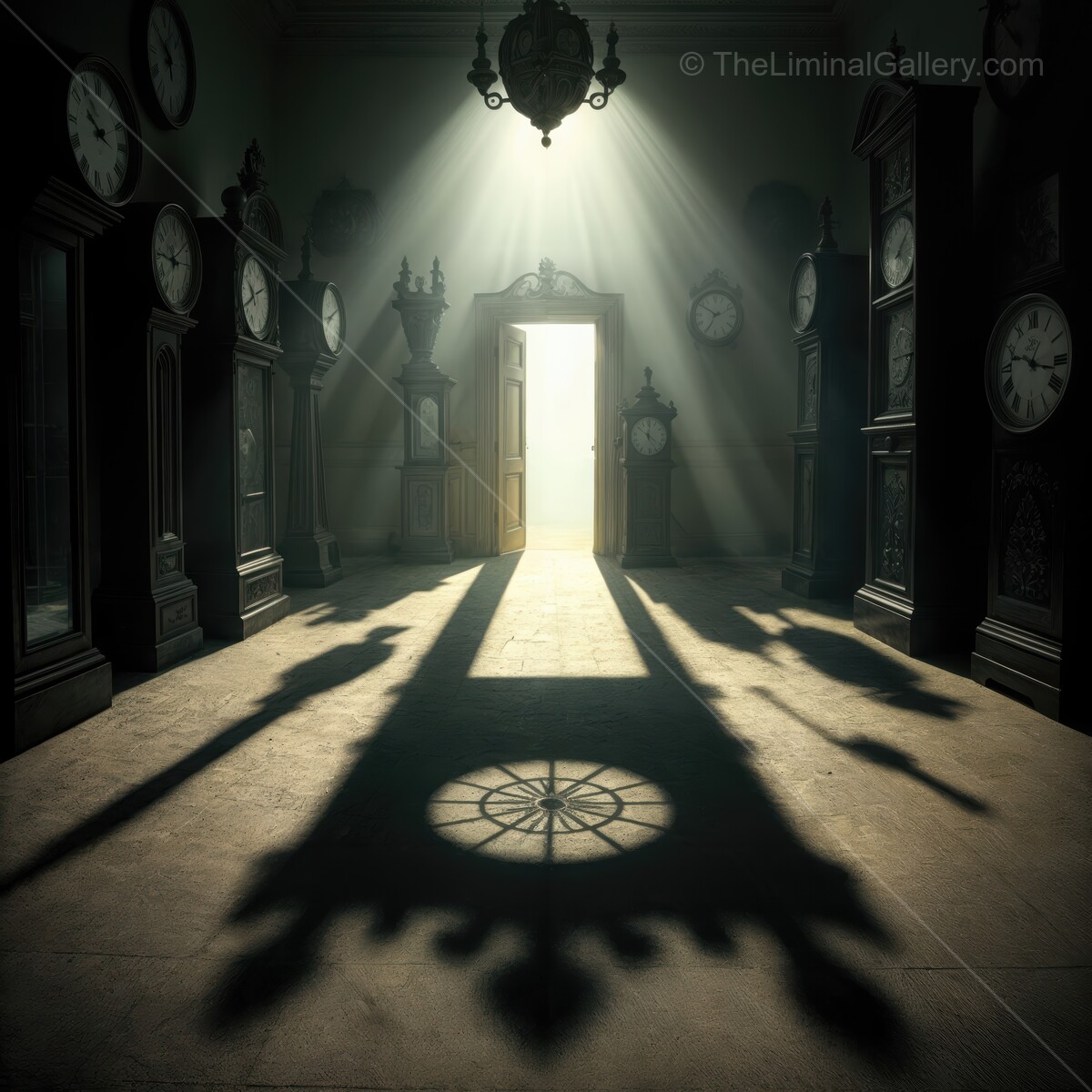 Mystical liminal clock shop filled with shadows and light in a timeless room at dusk
