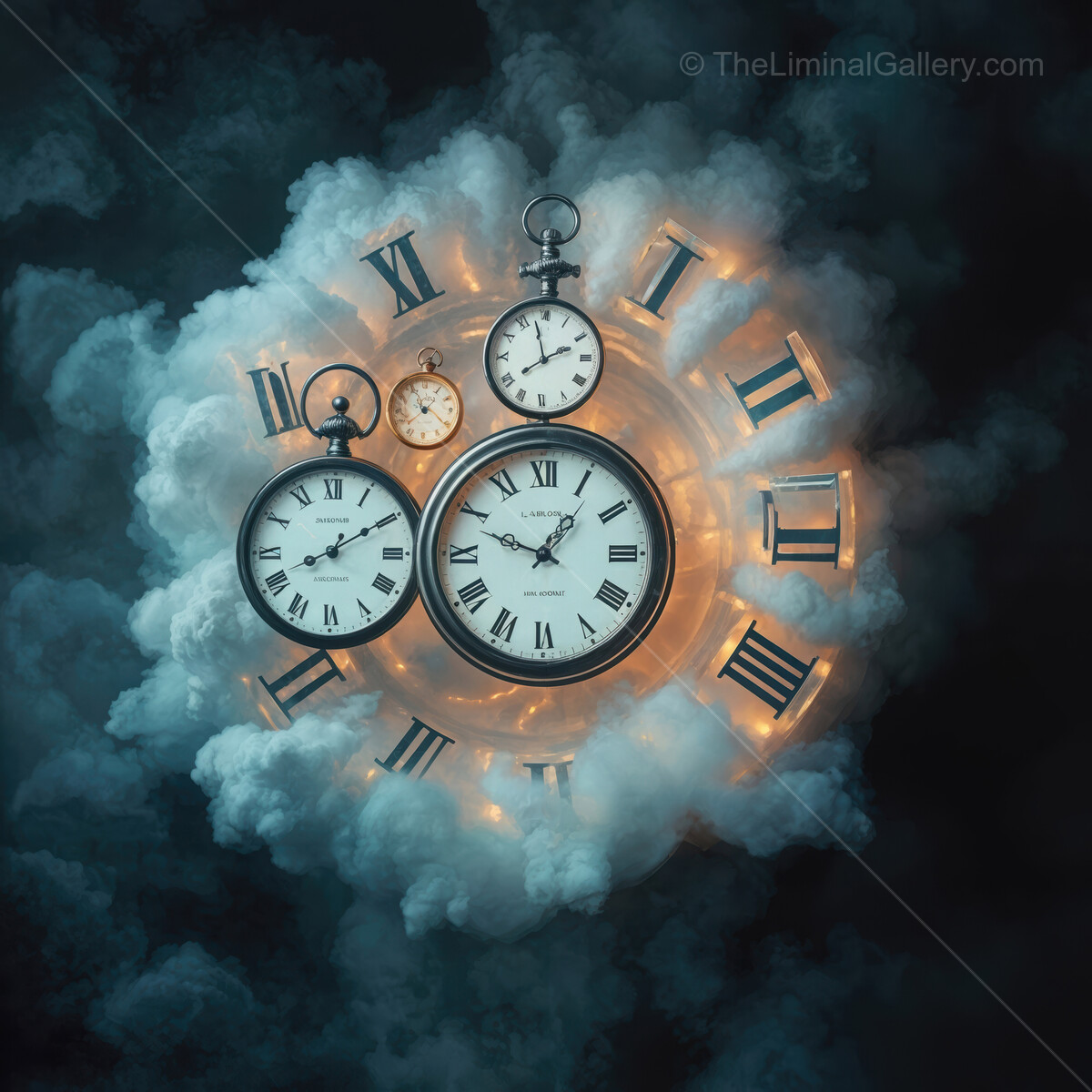 Unique collection of clocks surrounded by a mystical fog in an imaginative timescape