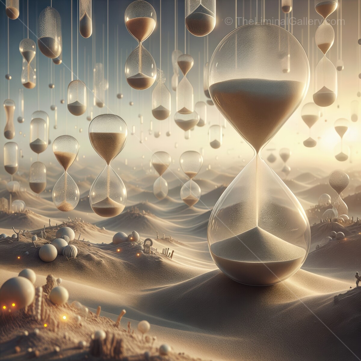 Endless sands of time flow through a surreal desert landscape at dawn