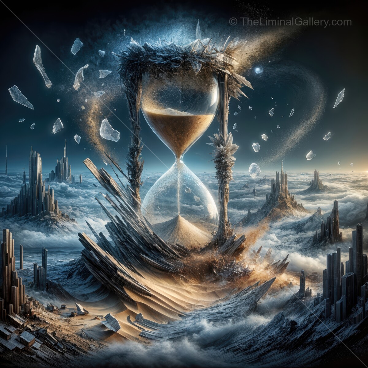 Eternal sands flow through a shattered hourglass in a surreal dreamscape of clouds and distant mountains