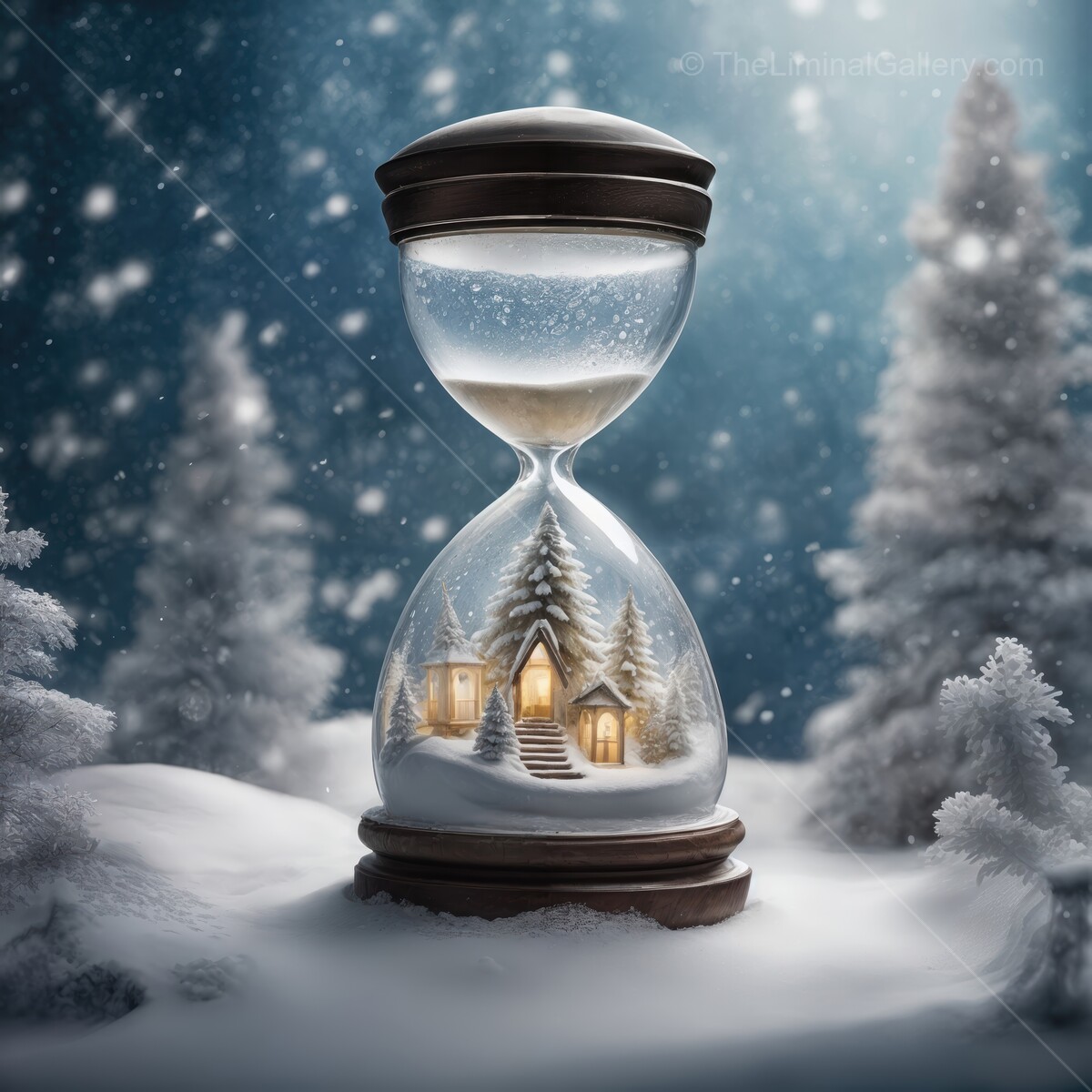Snowy hourglass captures winter magic with a cozy cabin scene illuminated in a serene landscape