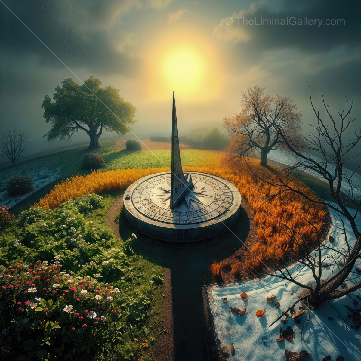 Captivating sundial nestled in a serene garden at sunrise amidst vibrant foliage