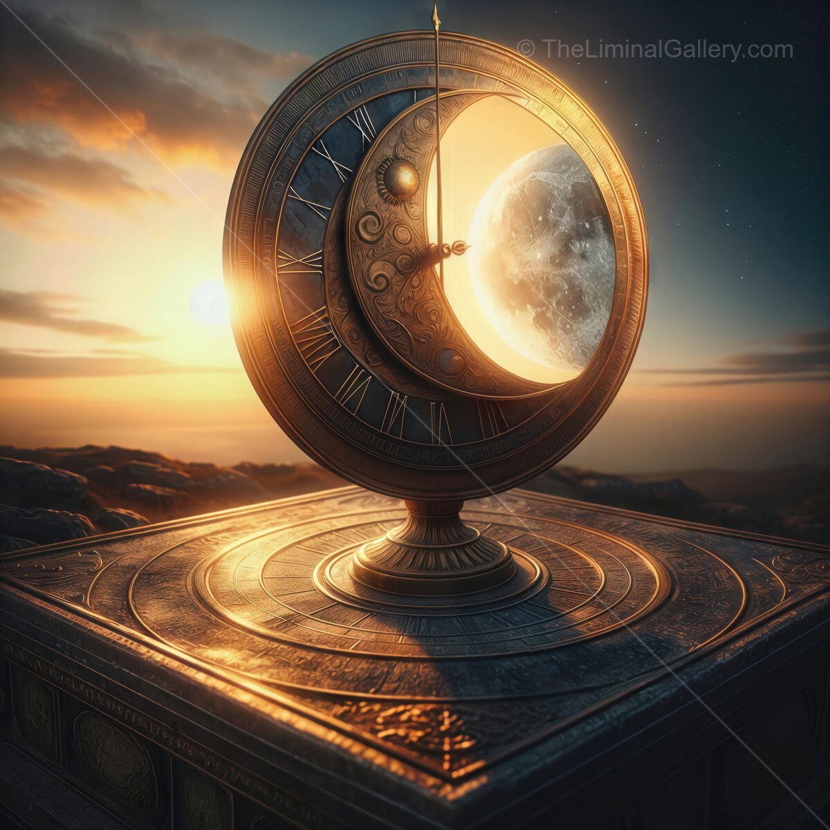 Sundial casting shadows beneath a celestial moon at dusk in a serene landscape