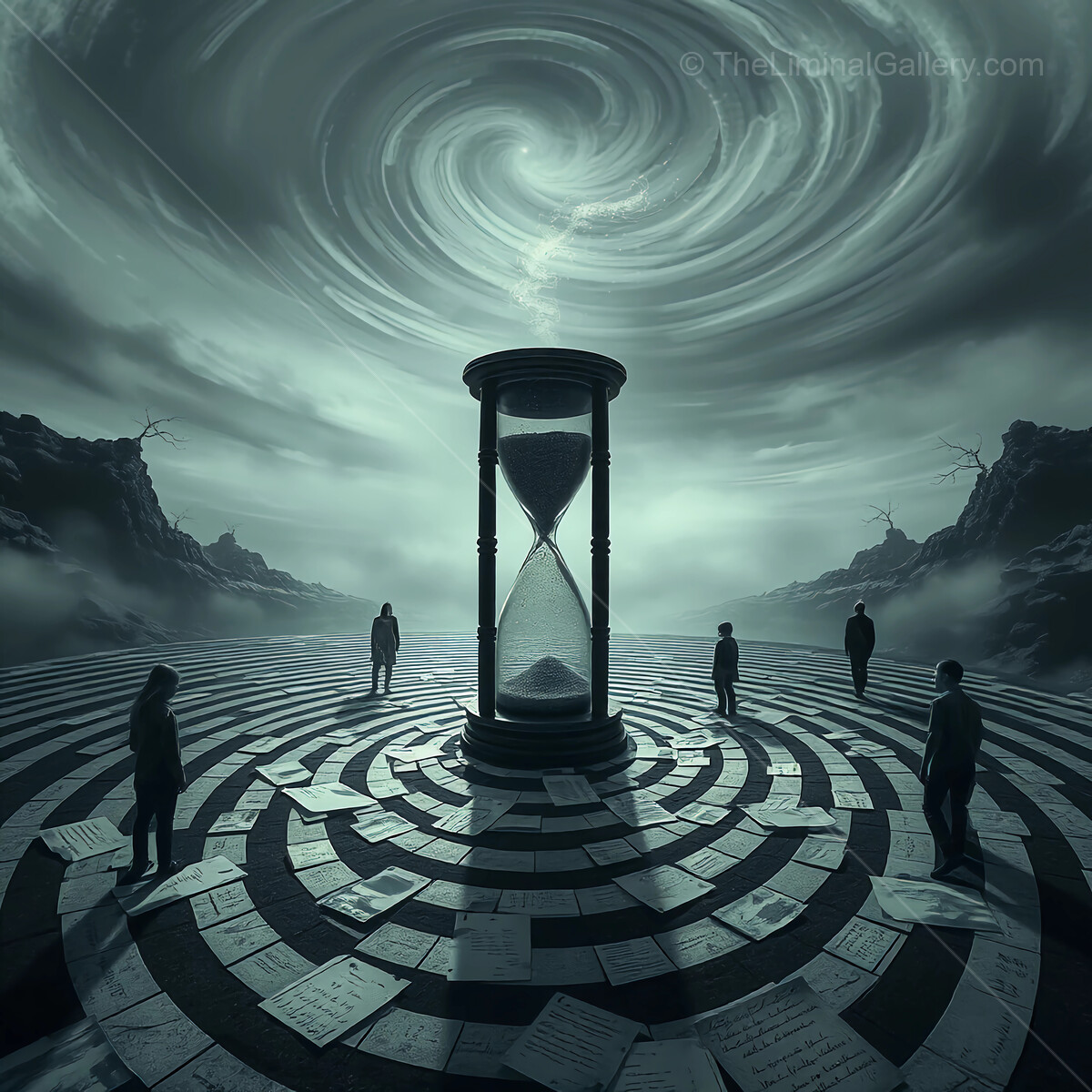 Mysterious figures gather around an hourglass in a swirling, surreal landscape at dusk