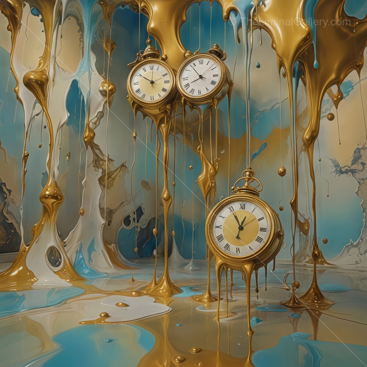 Surreal melting clocks suspended in vibrant golden liquid with a whimsical dreamlike backdrop