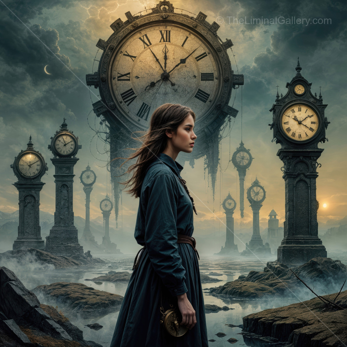 Mystical journey through time with clocks and a young woman in a dreamlike landscape