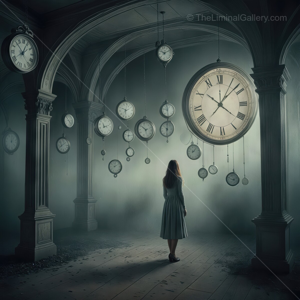 Mystical time portal with a girl standing in a forgotten hall adorned with suspended clocks