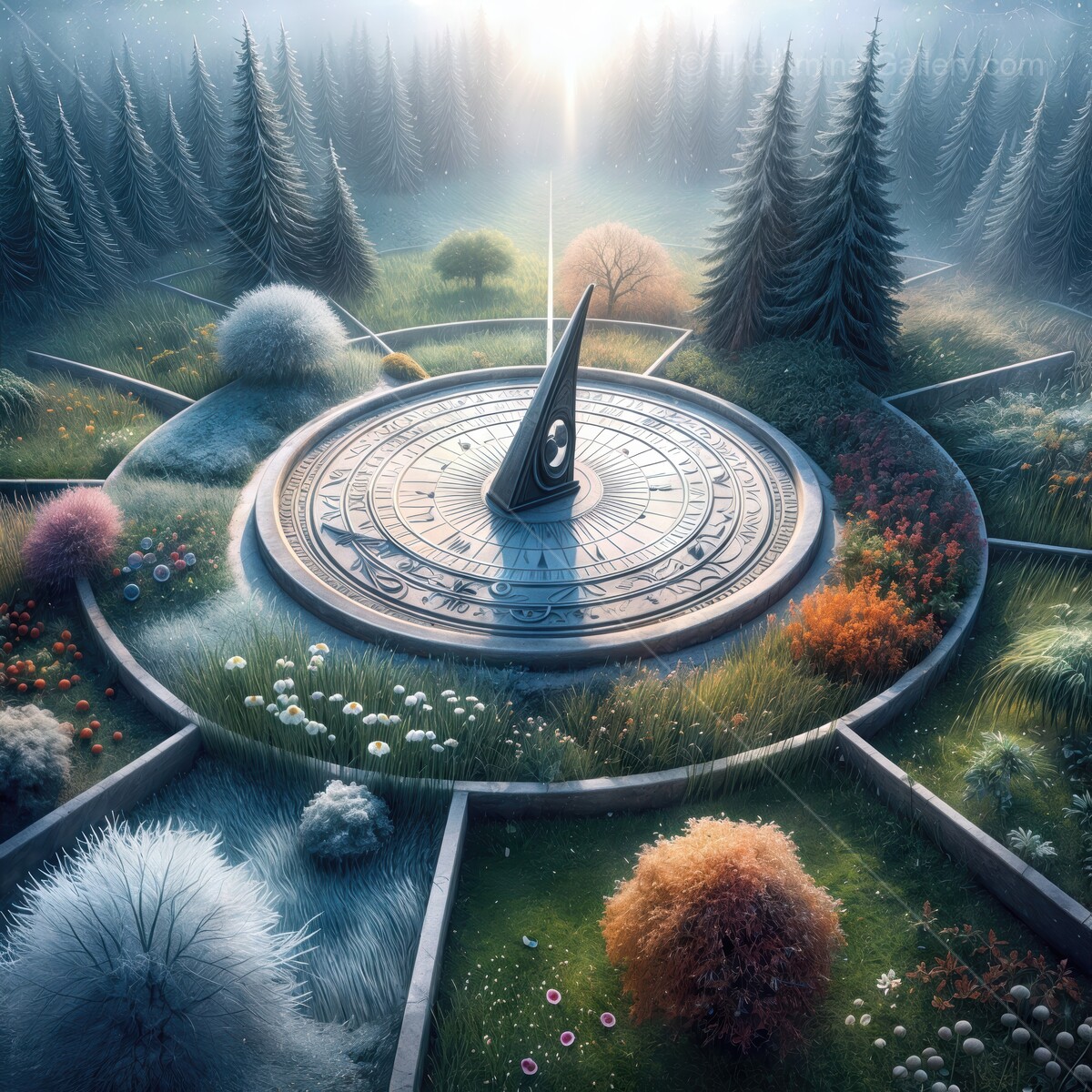 Elegant timekeeper surrounded by vibrant flora in a serene woodland clearing at dawn