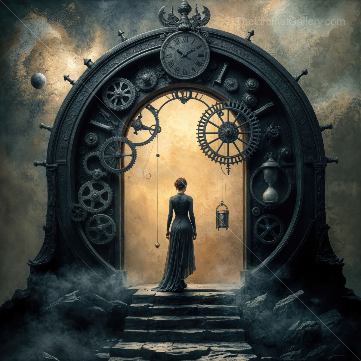 Mystical gateway revealing a timeless journey through gears and shadows at twilight