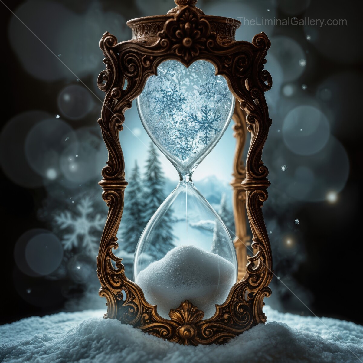 Timeless winter elegance captured in an ornate hourglass surrounded by gentle snowflakes
