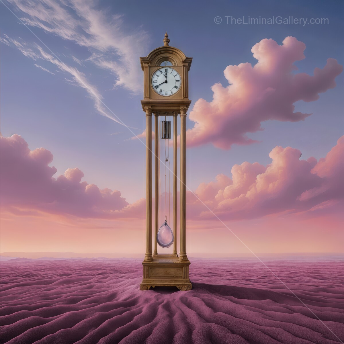 Towering clock stands amidst surreal landscape at twilight, evoking a sense of timelessness and reflection