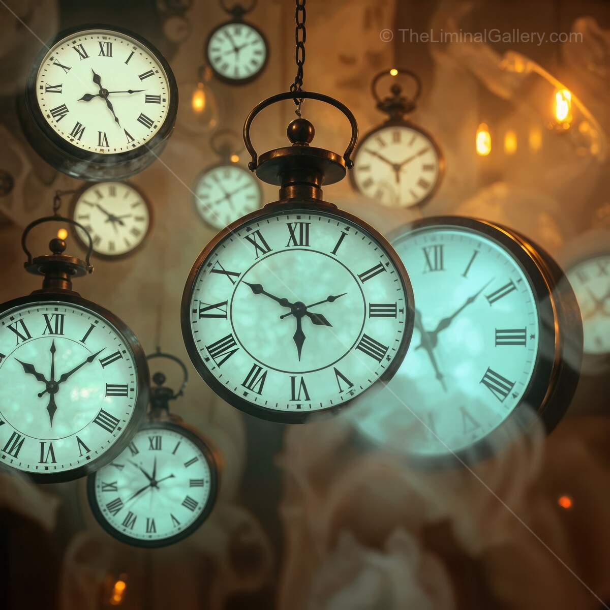 Whimsical clocks floating amidst an ethereal fog, creating a surreal atmosphere