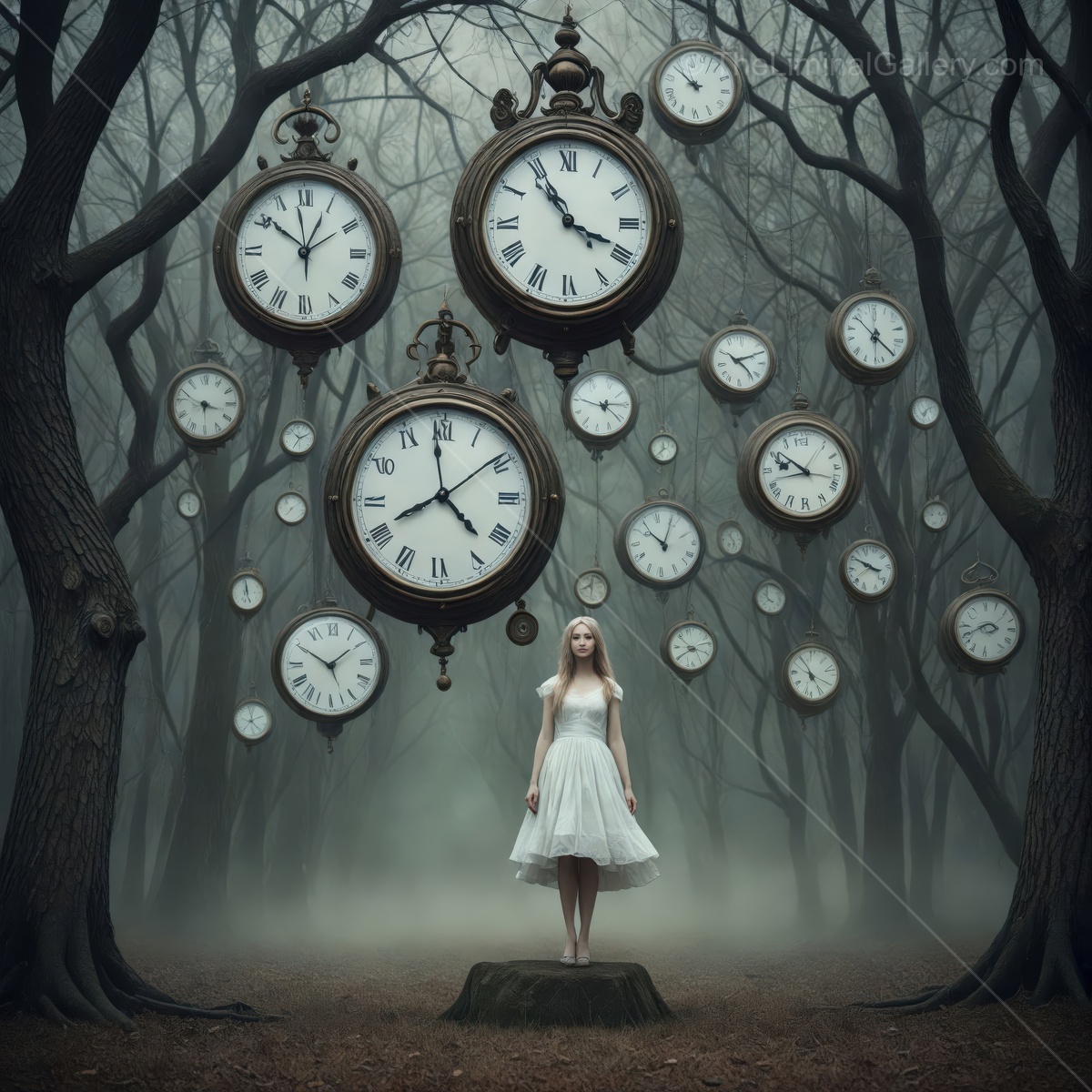 Whispers of liminal time linger in the enchanted forest under a gloomy sky