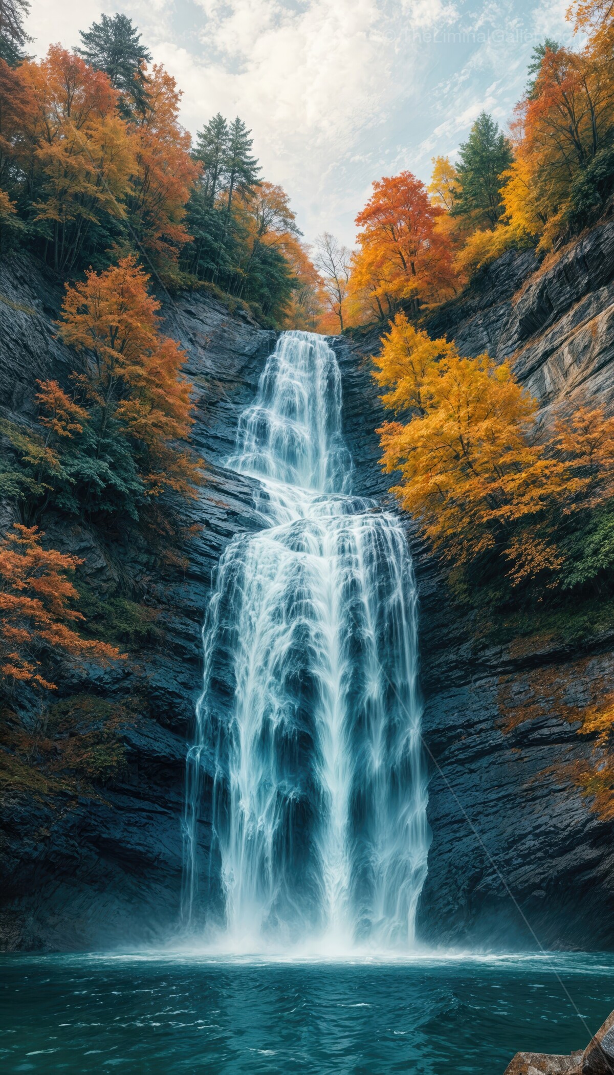 Breathtaking autumn waterfall cascading with vibrant foliage in a serene natural landscape