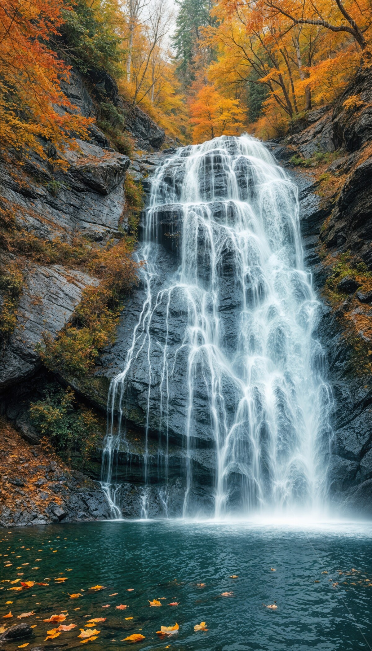 Stunning autumn waterfall with vibrant foliage and serene waters