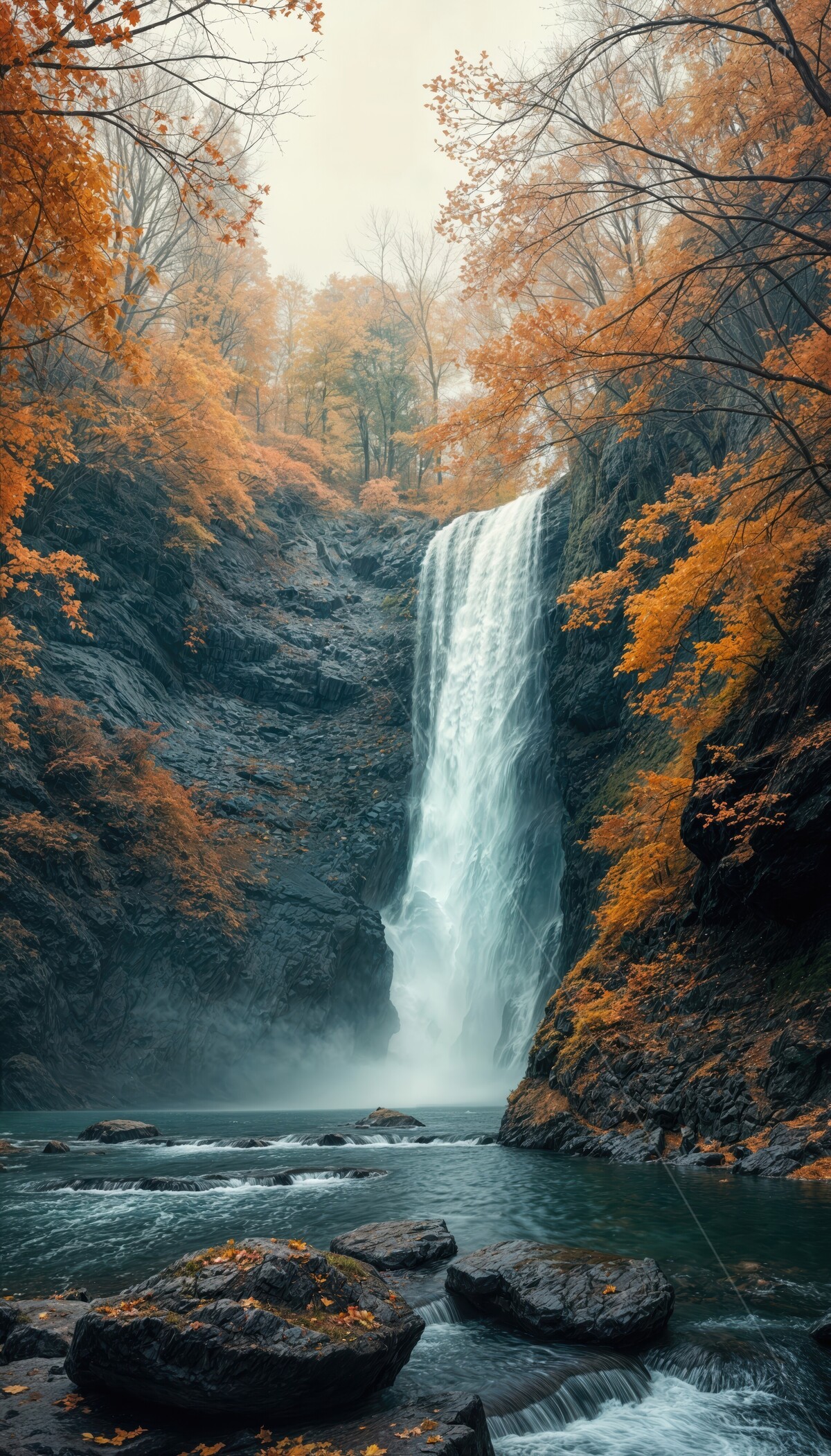 Majestic waterfall cascading through autumnal forest in serene harmony