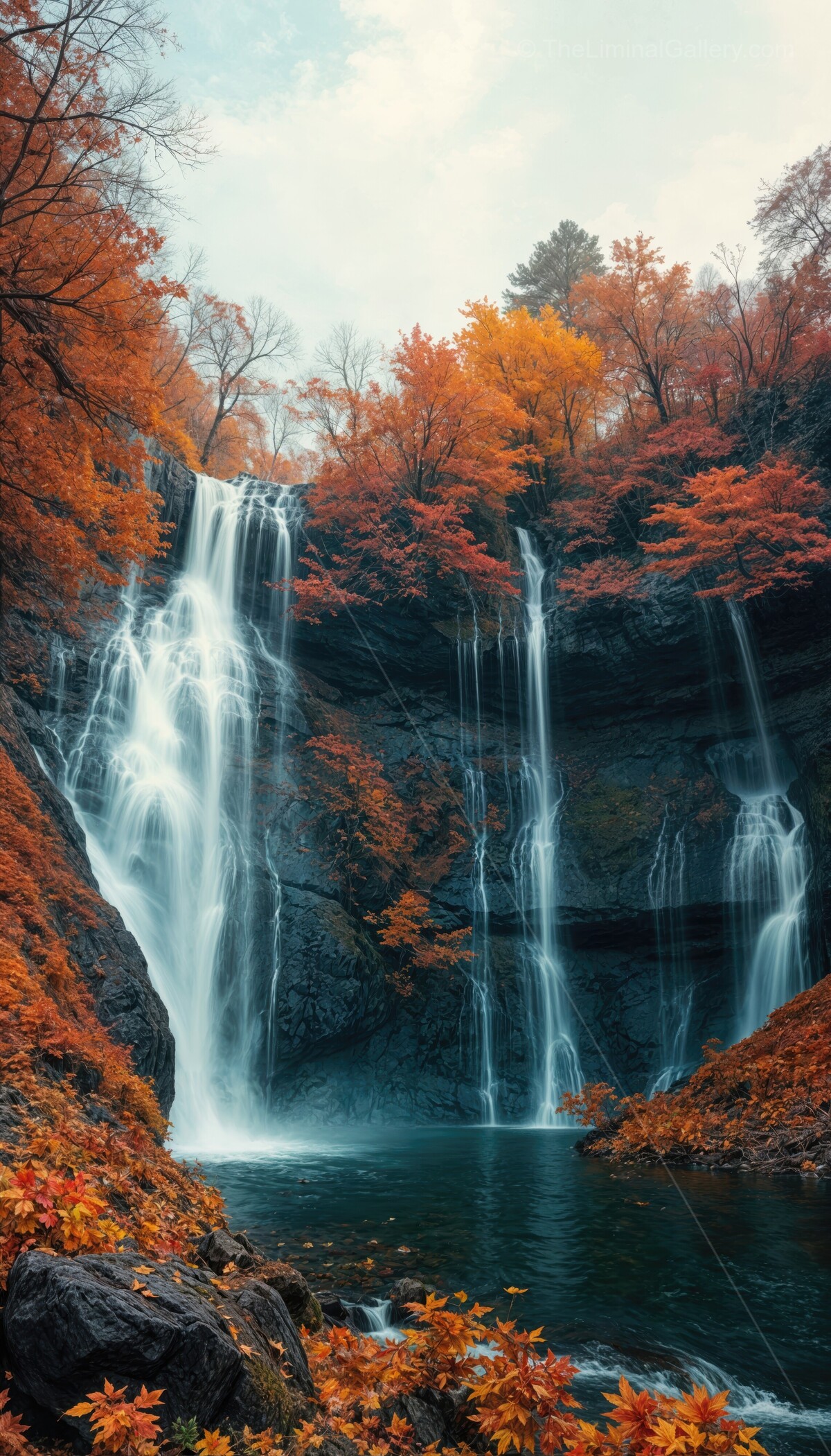 Autumn colors cascade through serene waterfalls creating a breathtaking natural spectacle near a tranquil pool