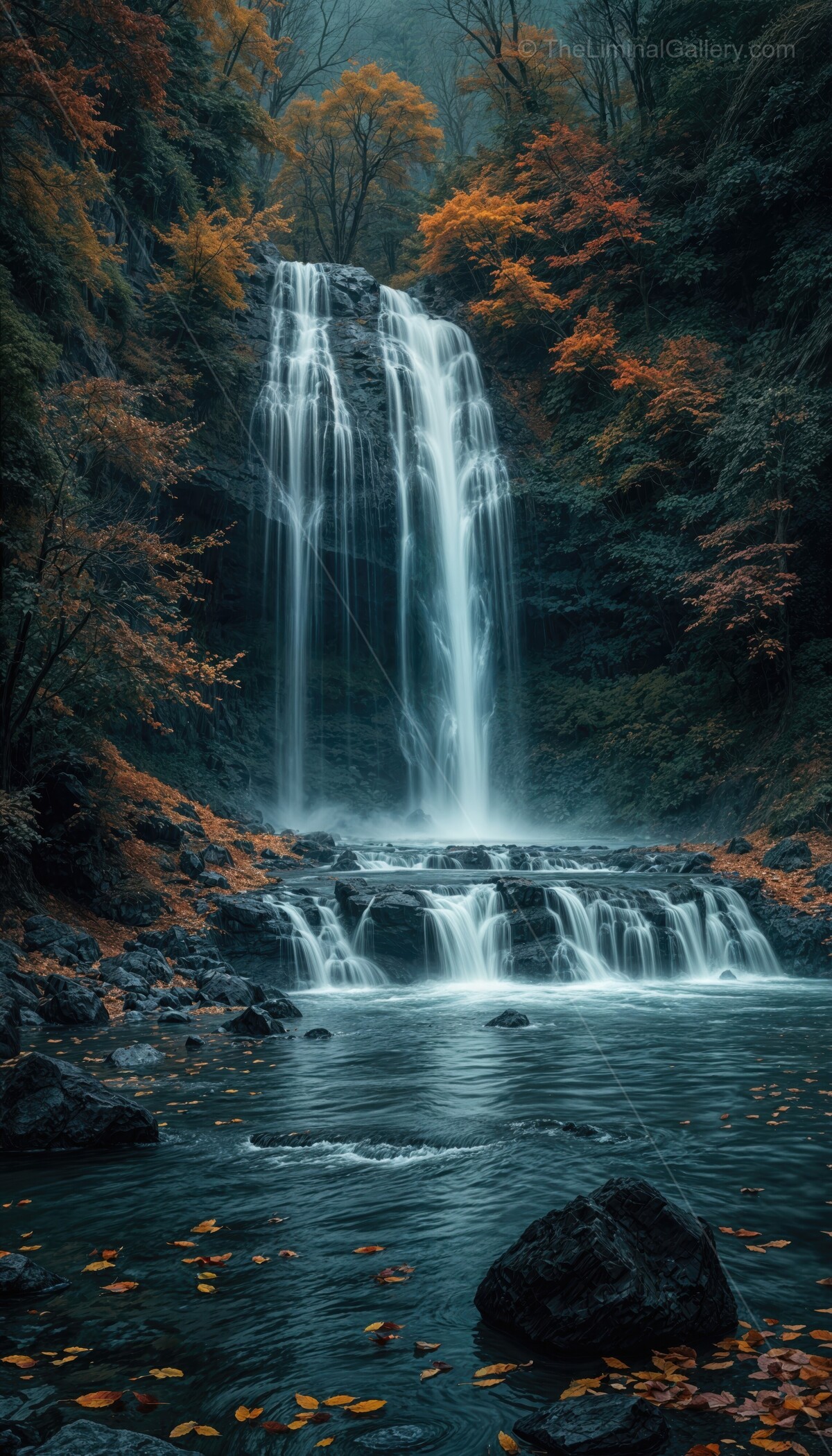 Vibrant waterfall cascading through autumn foliage at dusk in a tranquil forest setting