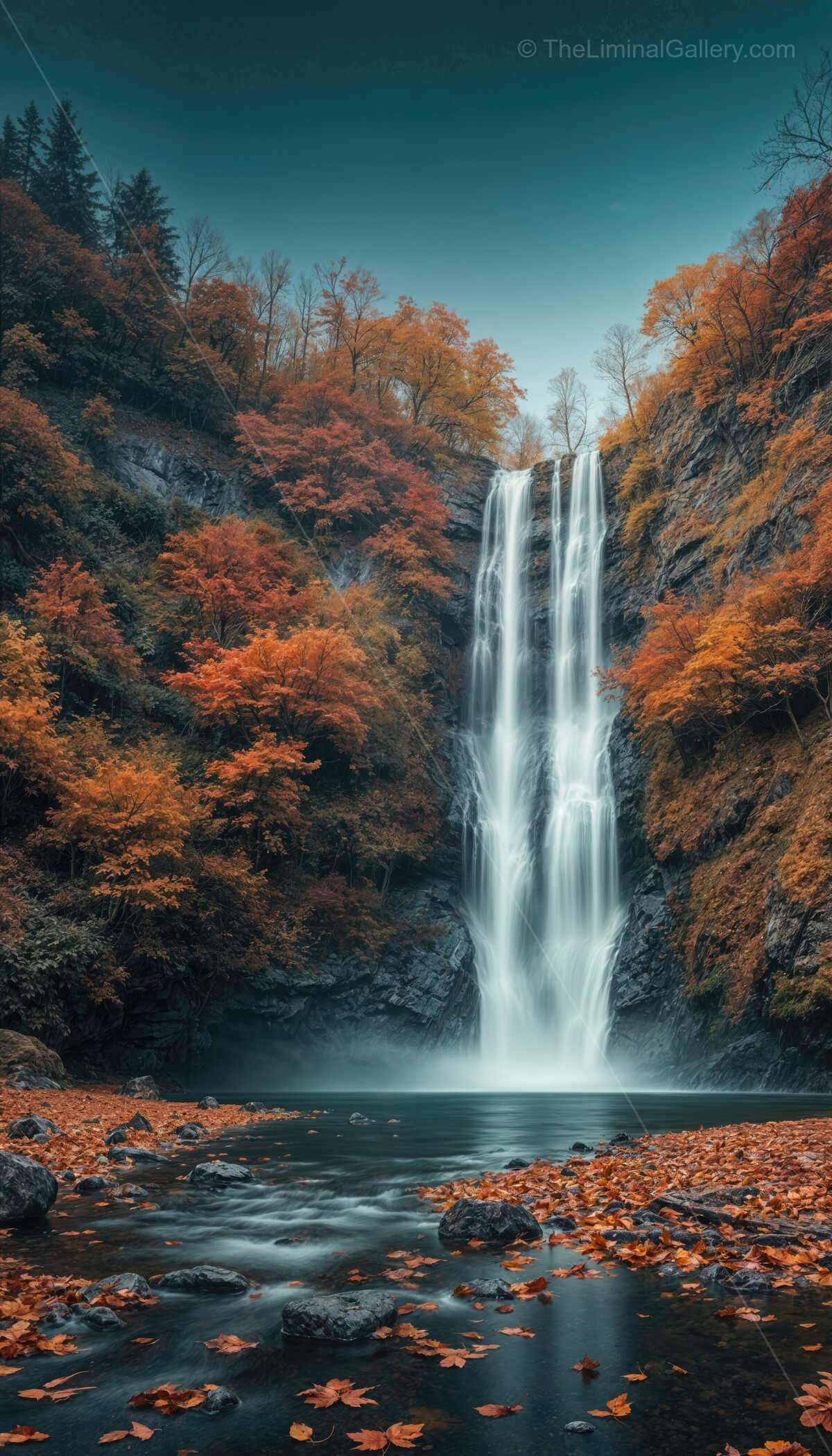 Autumn colors cascade at a serene waterfall surrounded by vibrant foliage and misty skies