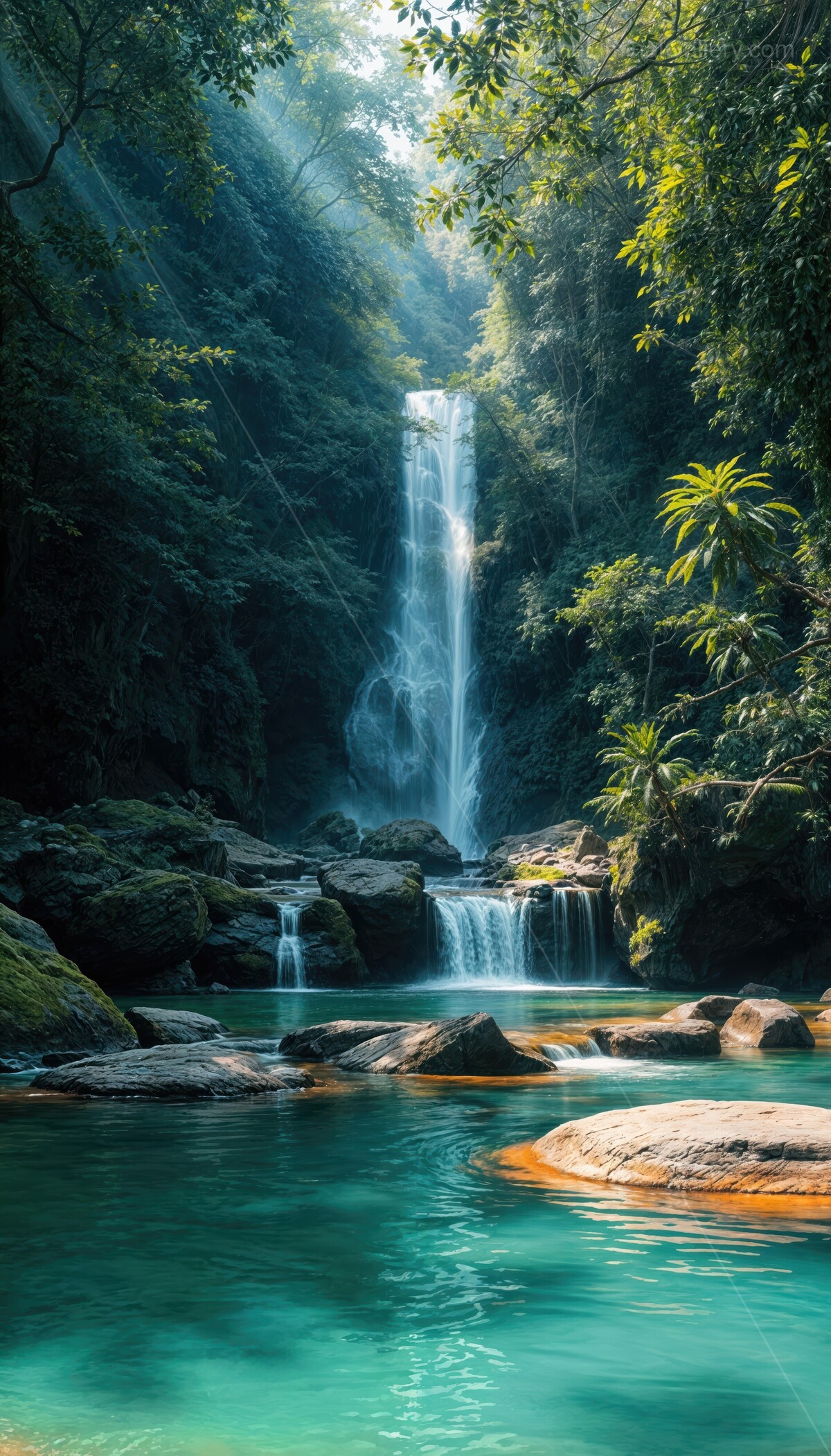 Discover the enchanting beauty of a serene waterfall cascading through lush foliage at midday