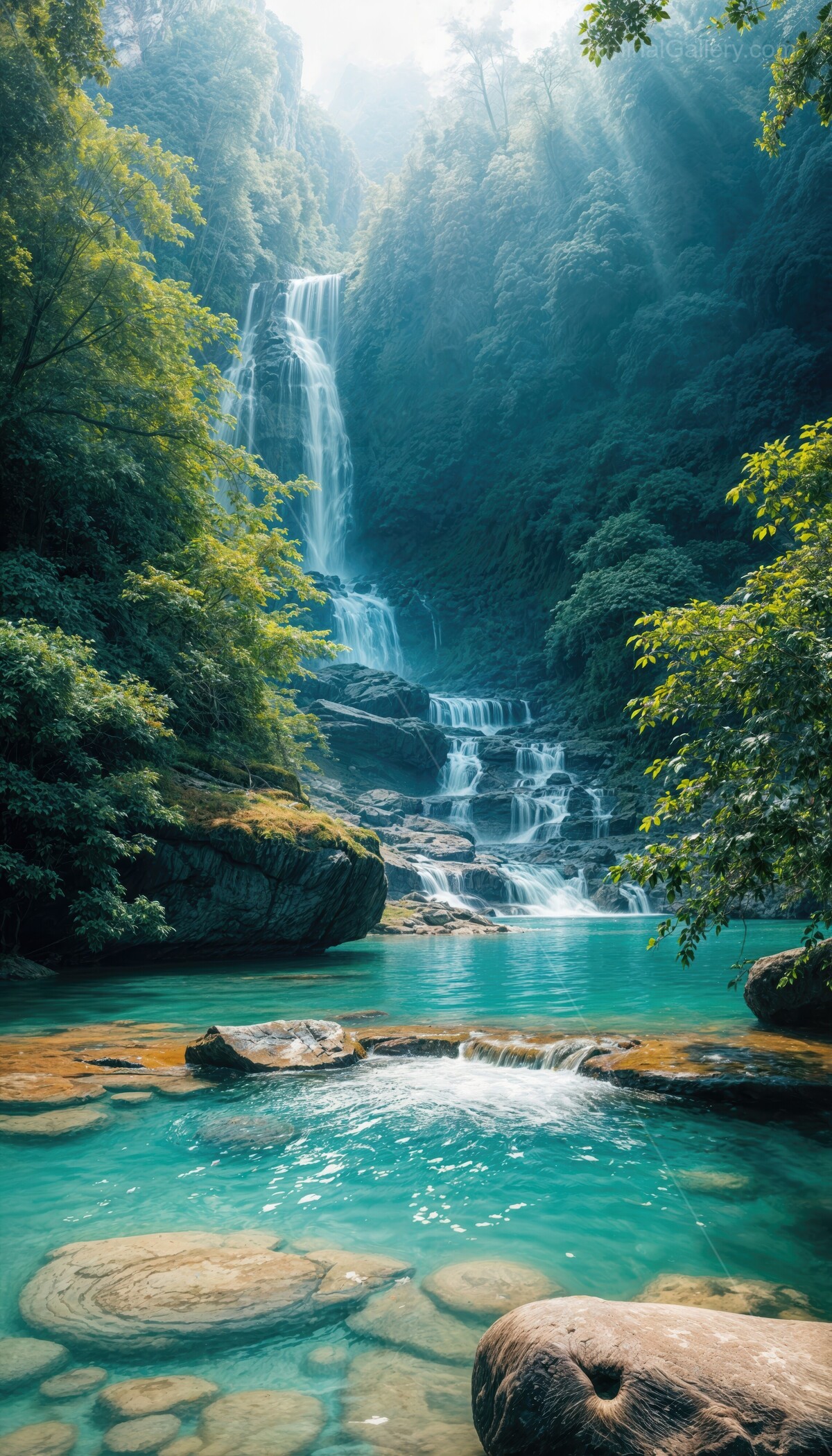 Breathtaking cascades flow into serene turquoise pool surrounded by lush greenery