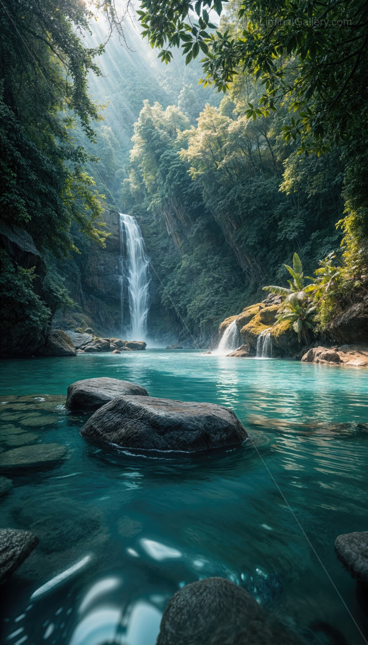 Discovering hidden serenity in cascading waters amidst lush greenery at dawn