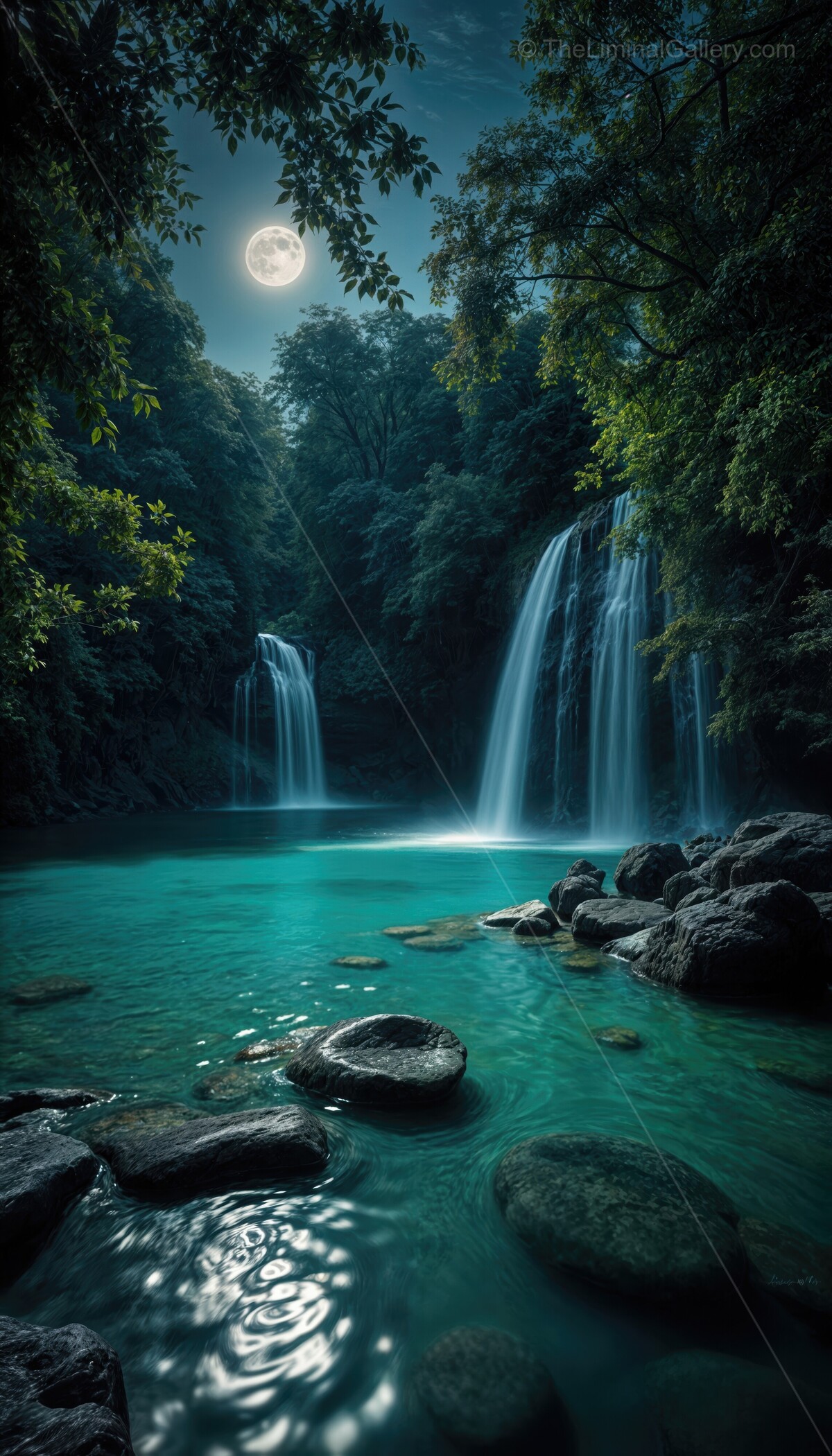 Moonlit waterfall cascades create a serene oasis under the night sky in a tranquil natural setting