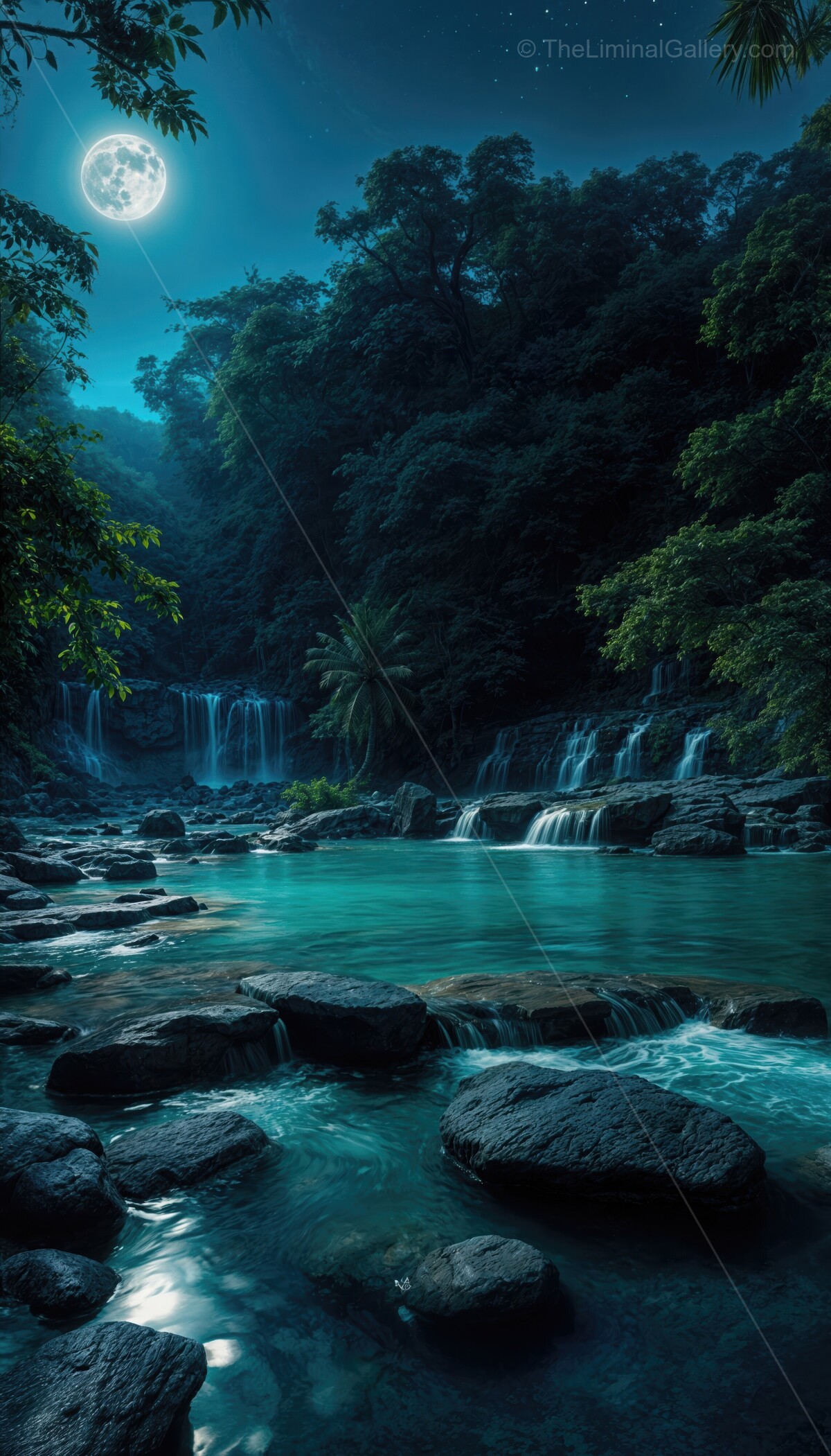 Breathtaking waterfall cascades under the moonlight surrounded by lush greenery in a tranquil atmosphere
