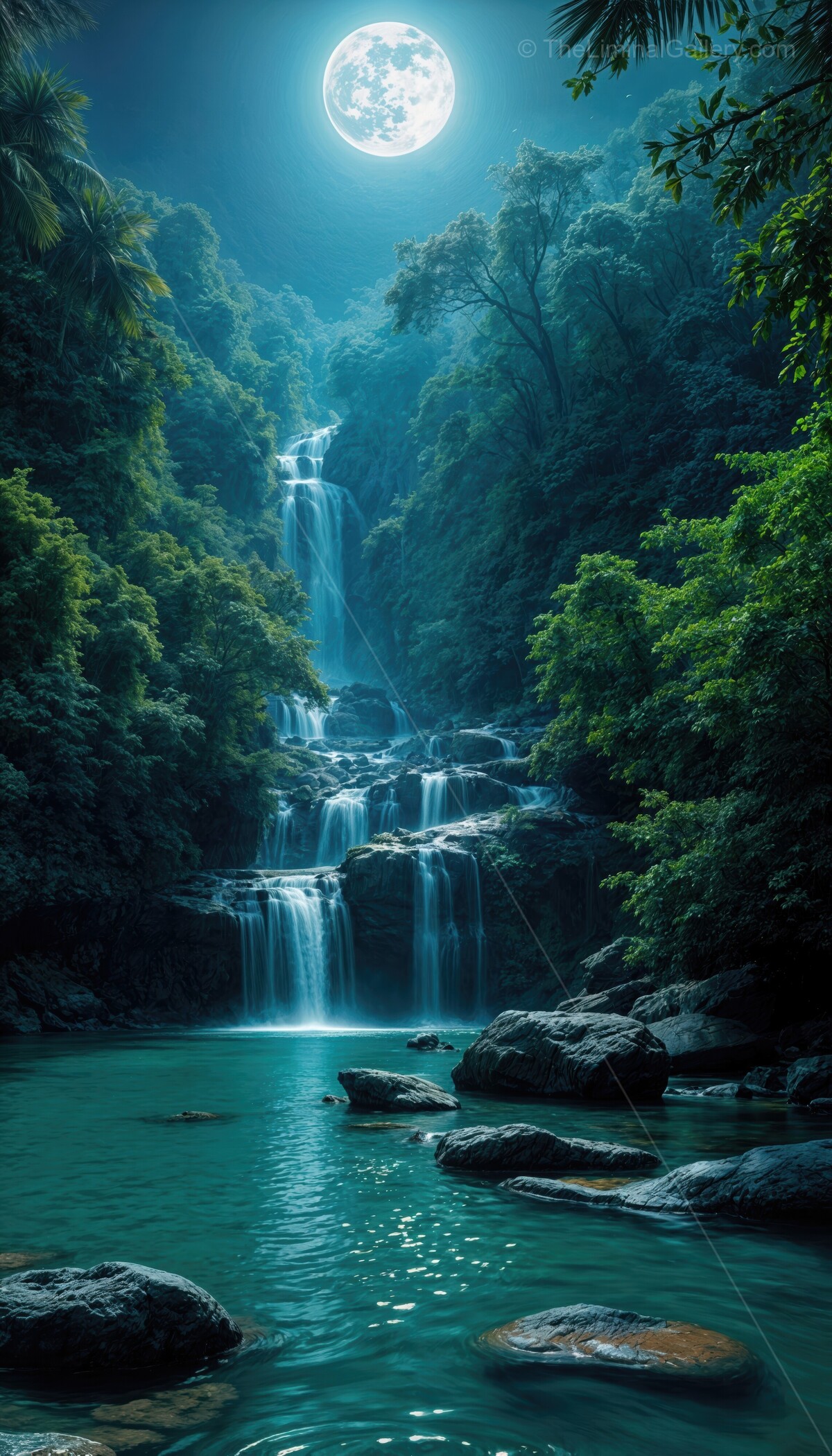 Mesmerizing waterfall cascades illuminated by a full moon amidst lush greenery at night