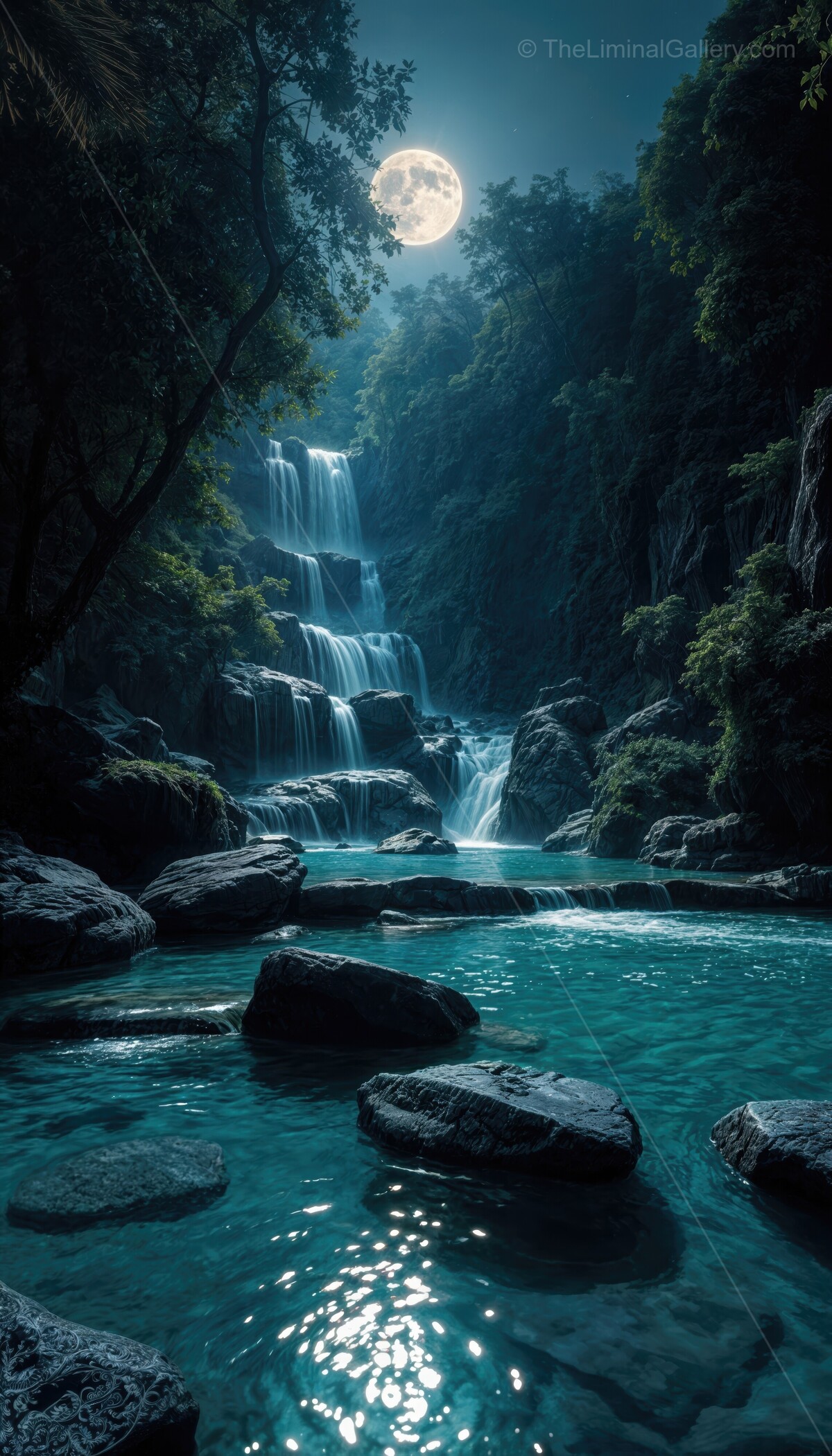 Mesmerizing waterfall cascades under a luminous moonlit sky
