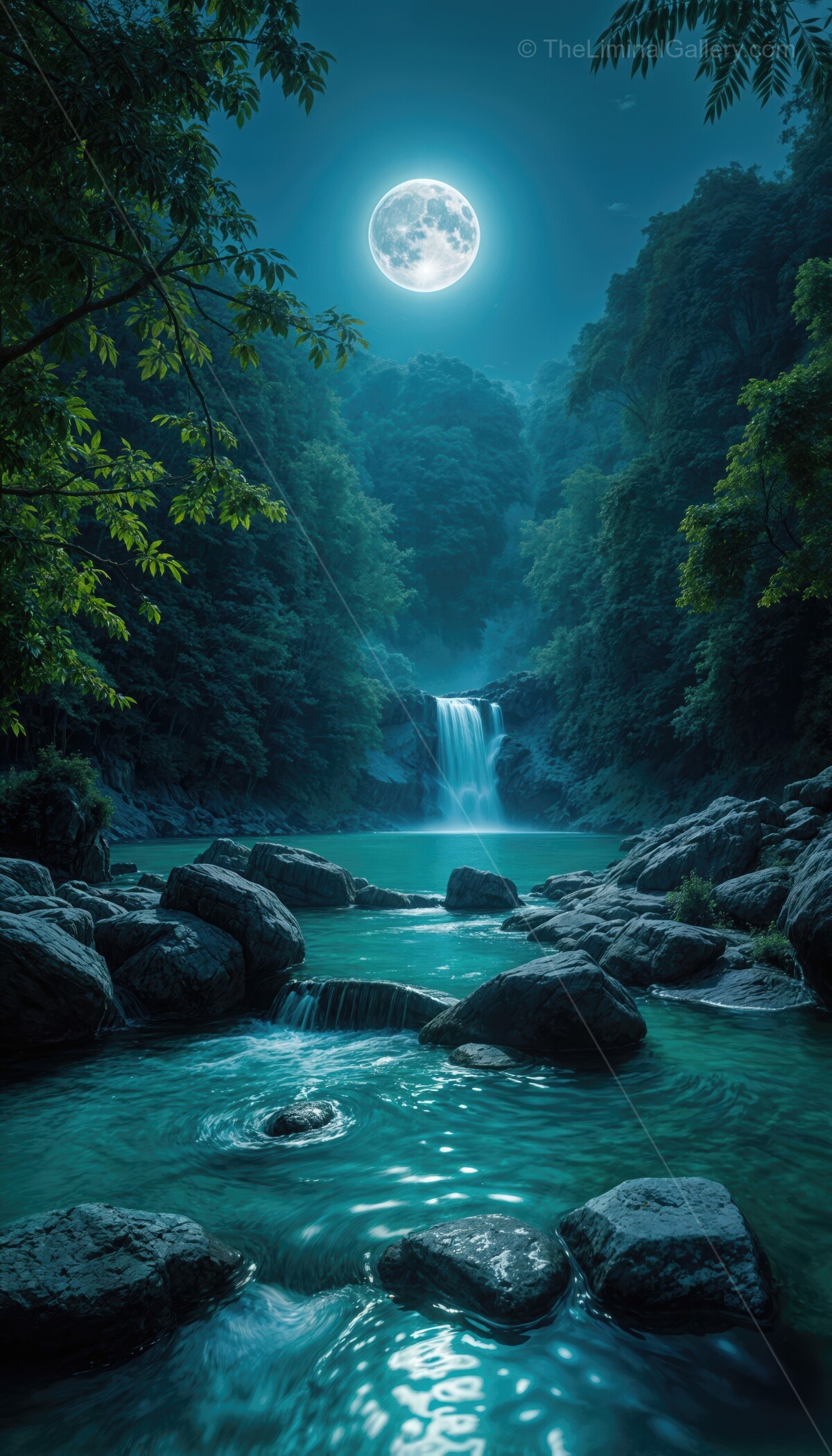 Nighttime tranquility envelops a serene waterfall cascading under a glowing moon