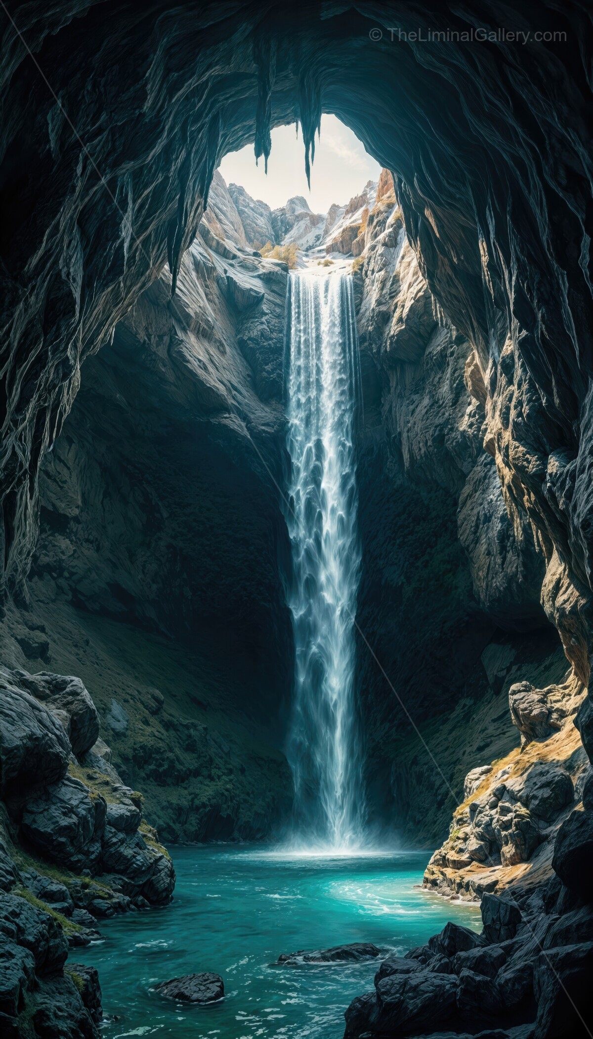Waterfall cascading into a serene cavern pool illuminated by soft natural light from above