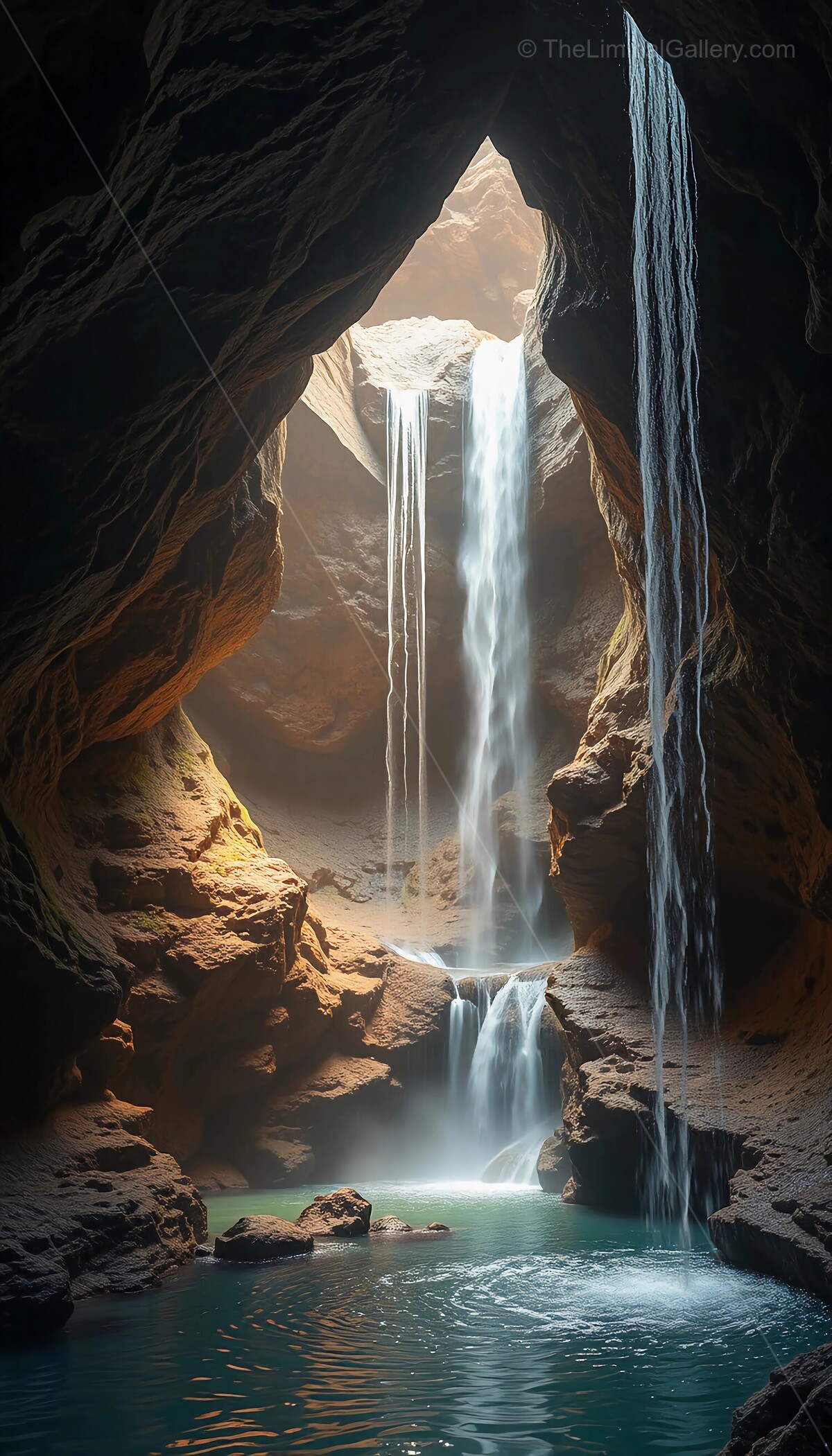 Daytime experience the enchanting beauty of cascading waterfalls in a serene cavern