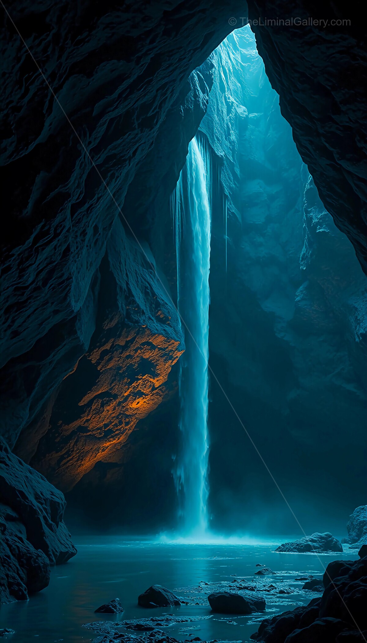 Majestic waterfall cascades through a captivating cavern under soft blue light