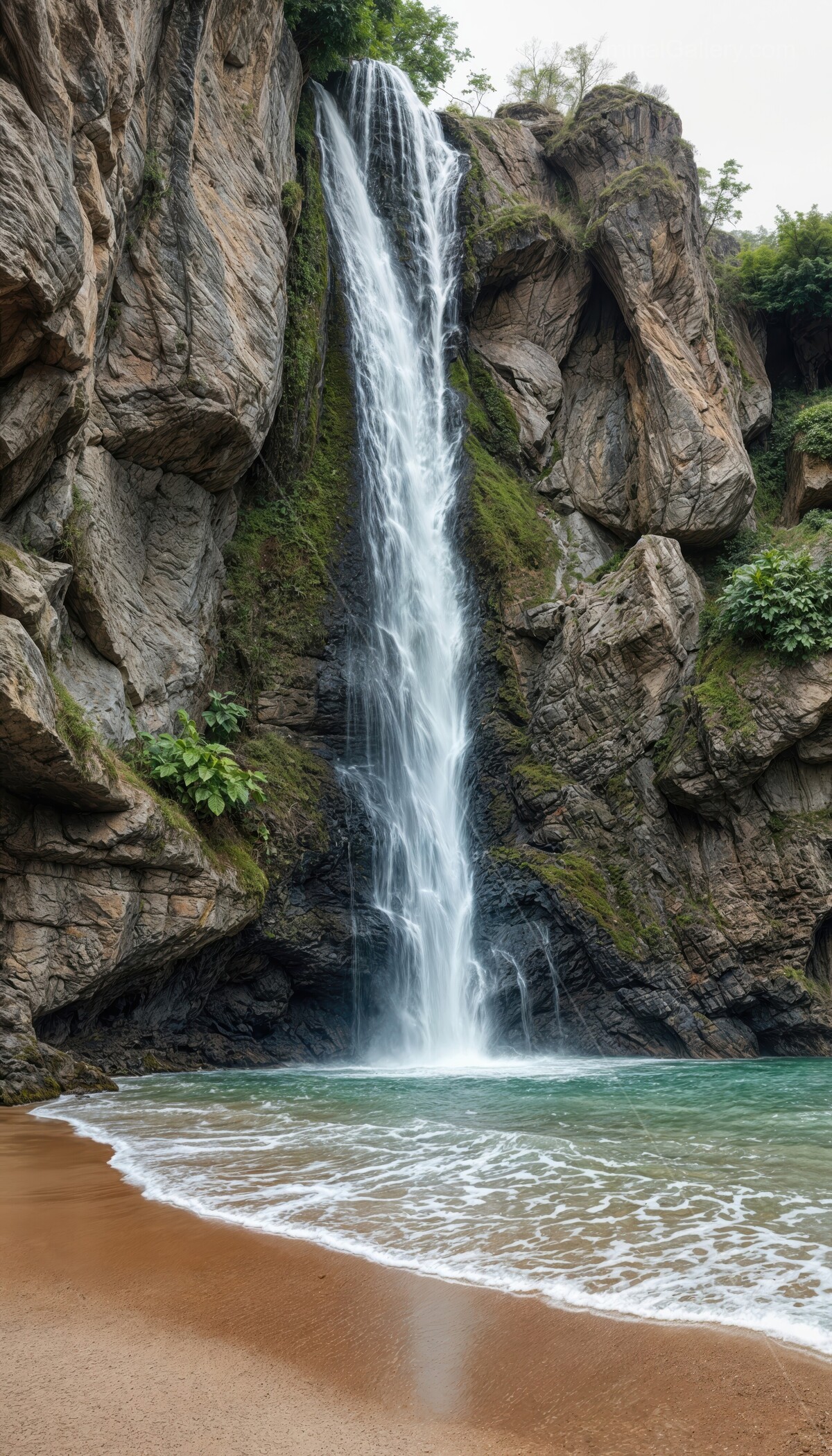 Secret waterfall cascading down cliffs meets serene coastal beach at dawn