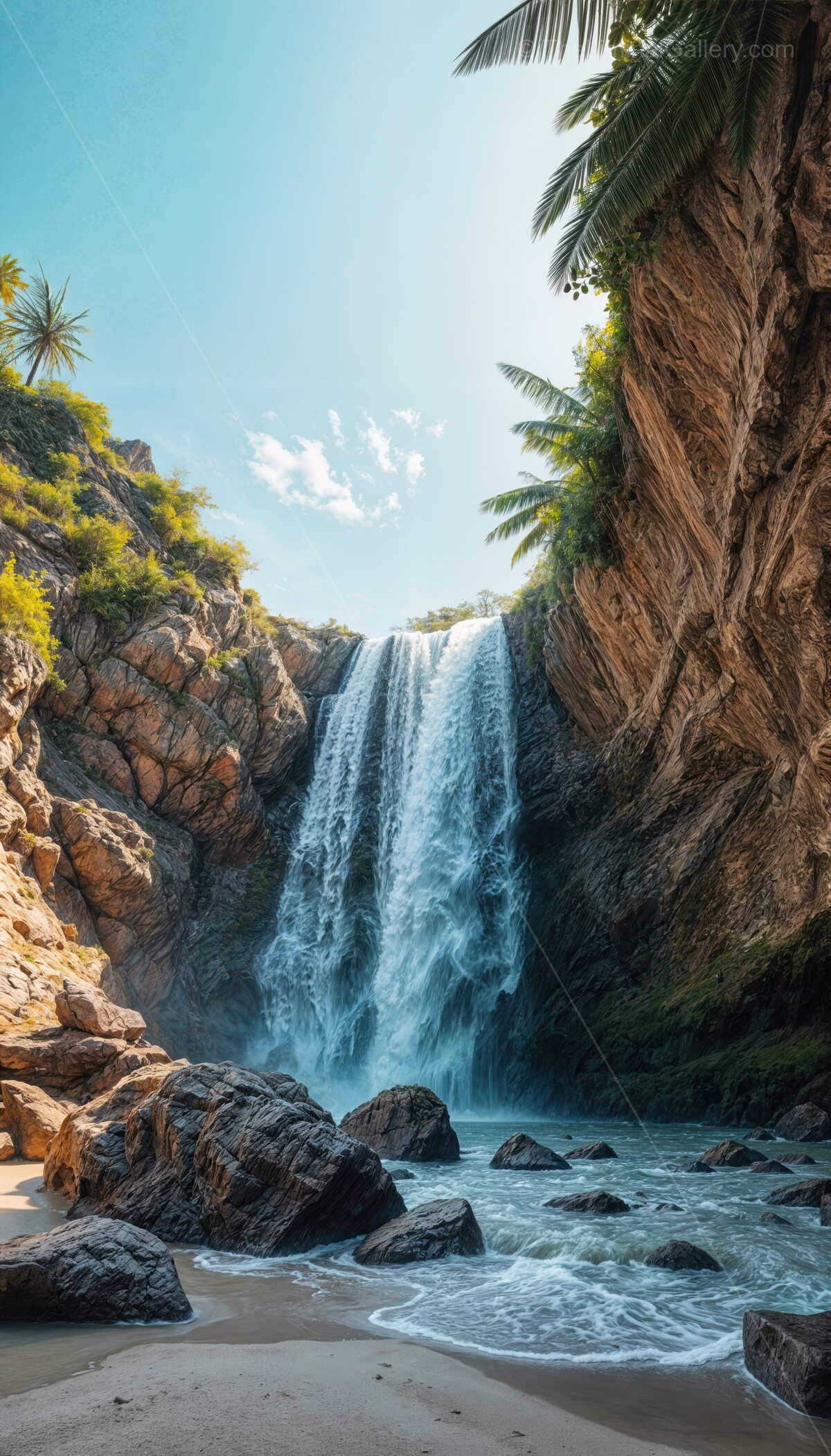 Liminal waterfall cascades into a serene coastal beach surrounded by lush greenery