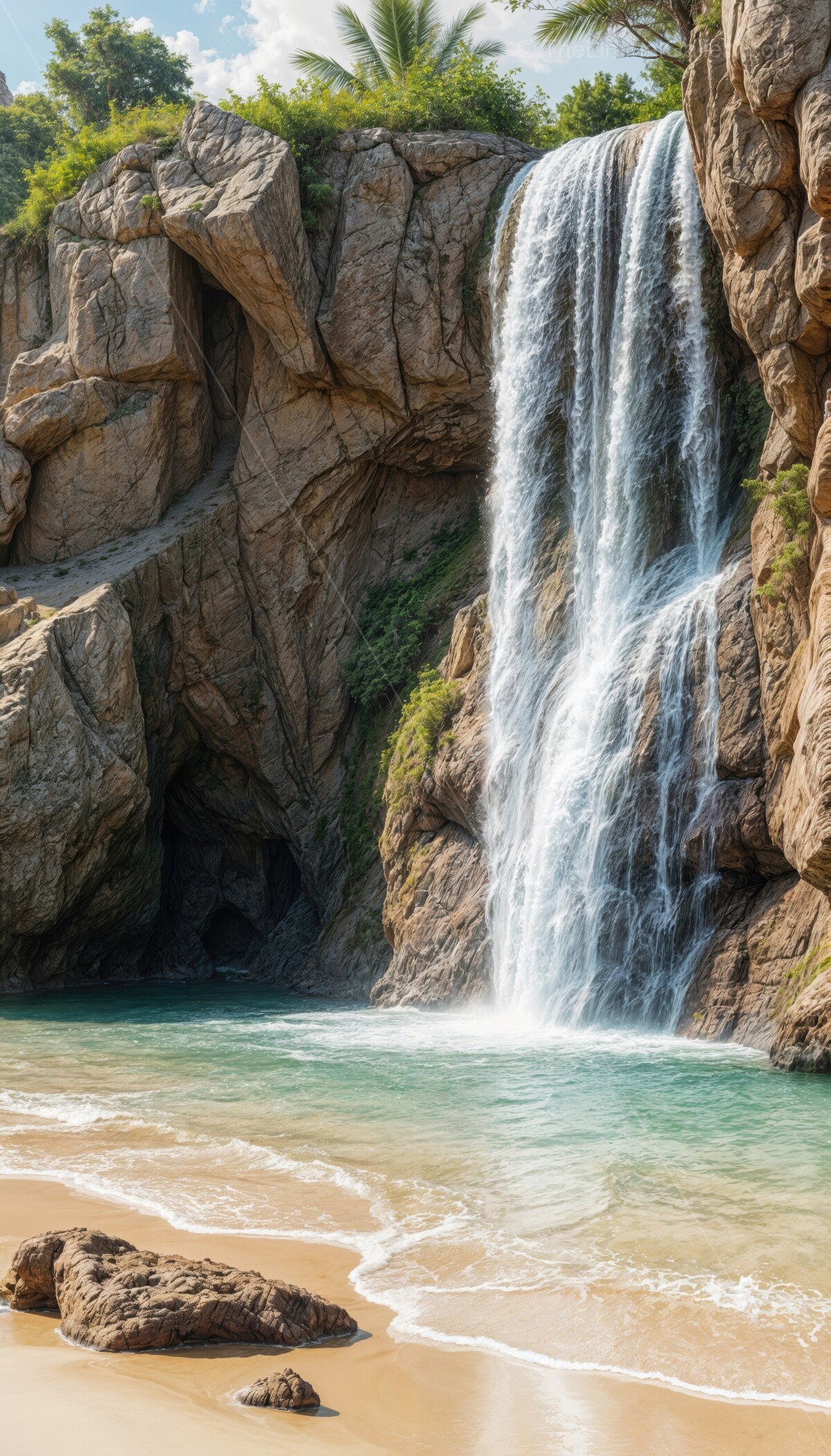 Nature's masterpiece unfolds as a stunning waterfall cascades into a serene coastal beach