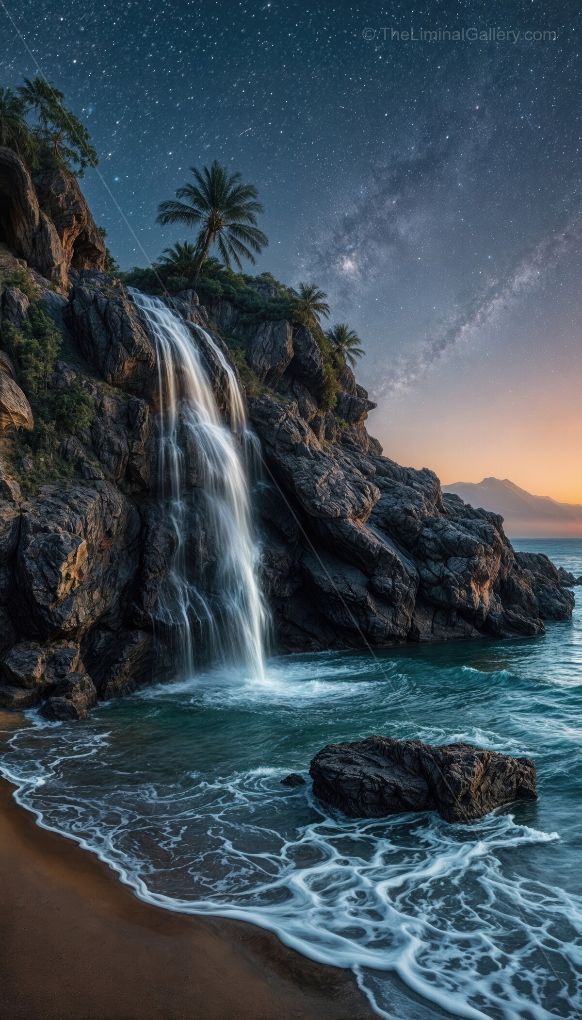 Tropic waterfall cascading down rocky cliffs at coastal beach under a starry sky during sunset