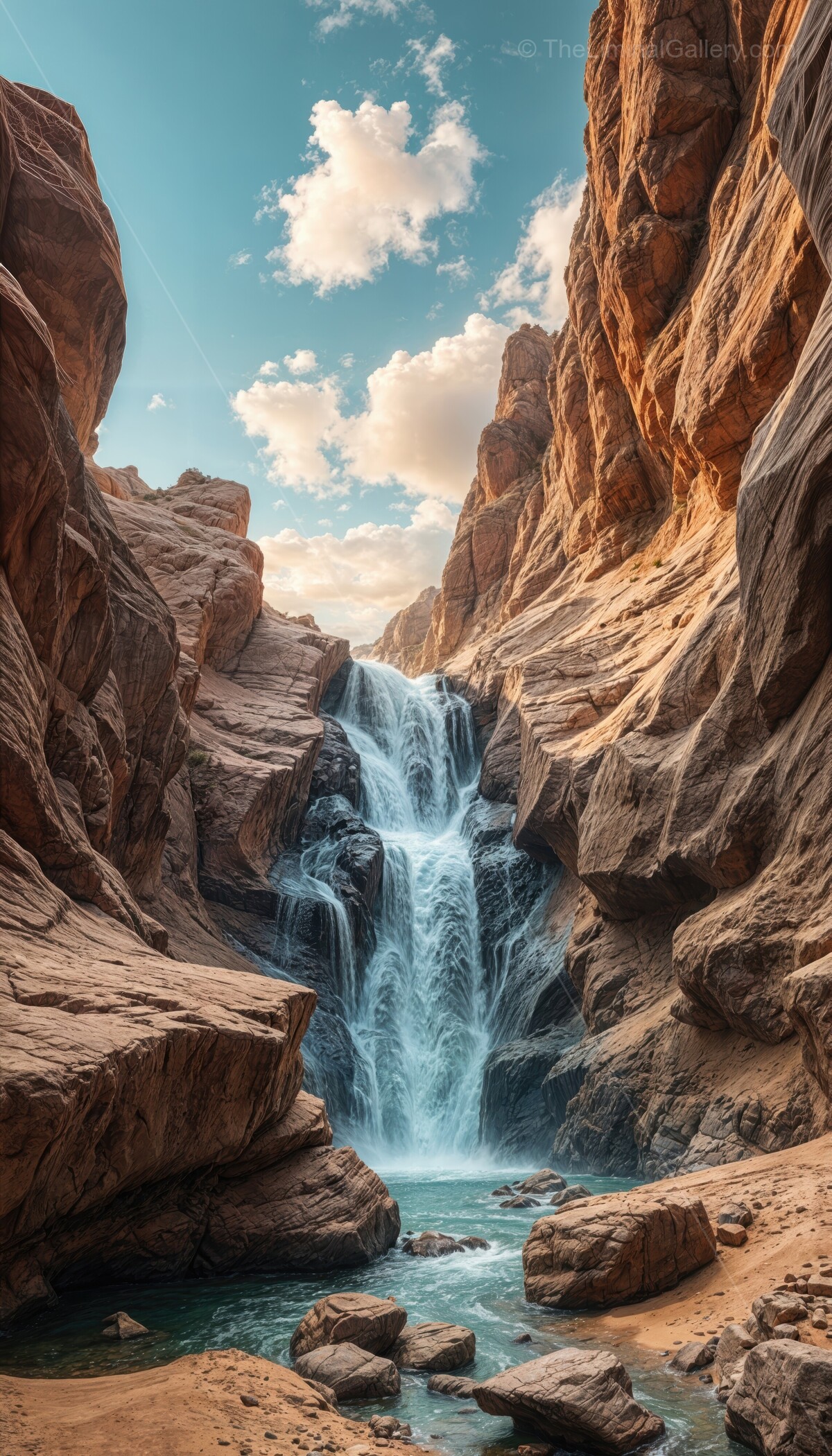 Majestic waterfall cascading through vibrant red rocks in a desert oasis under a clear blue sky