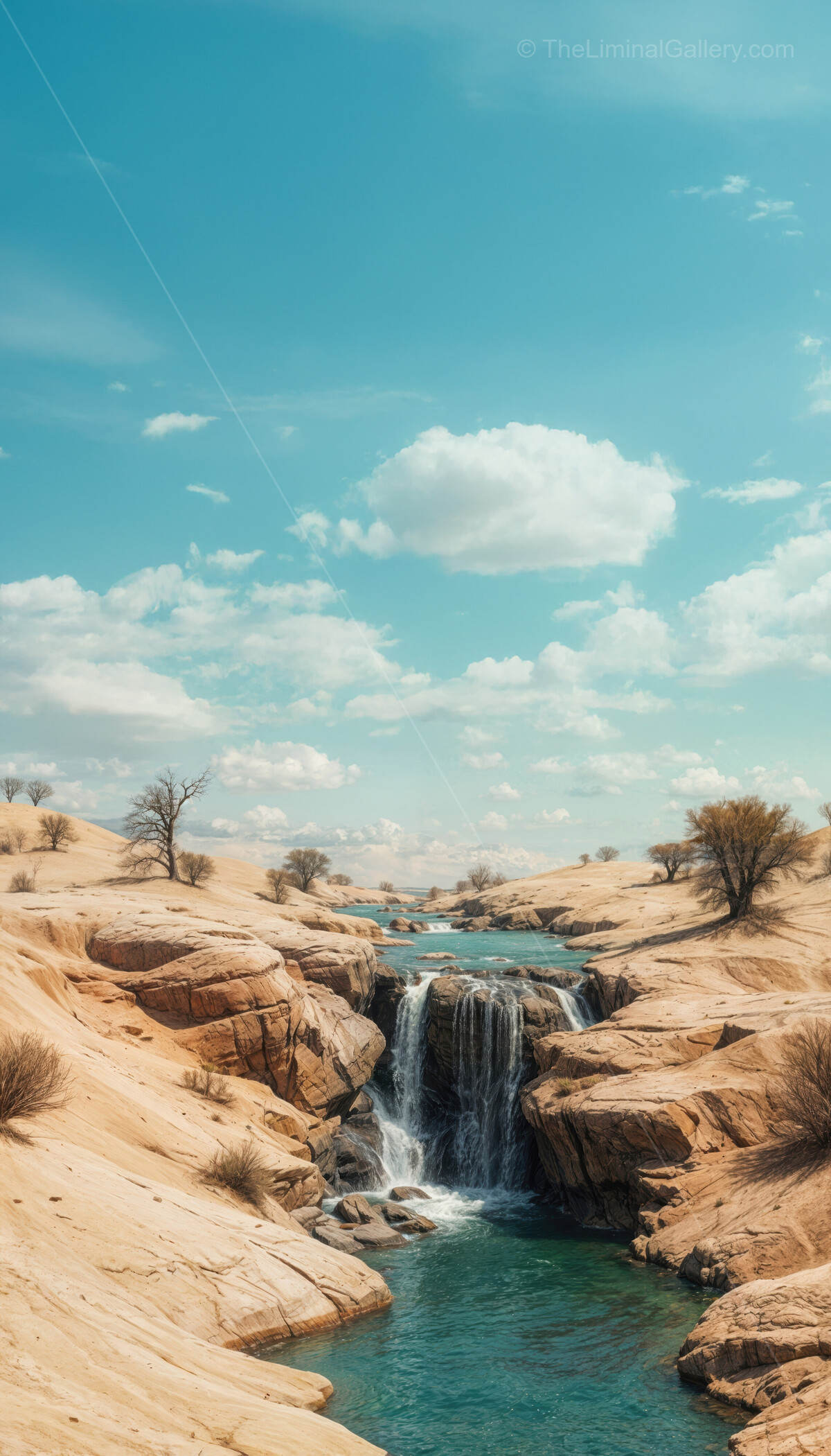 Breathtaking waterfall oasis amidst golden sands and azure sky in a remote desert landscape