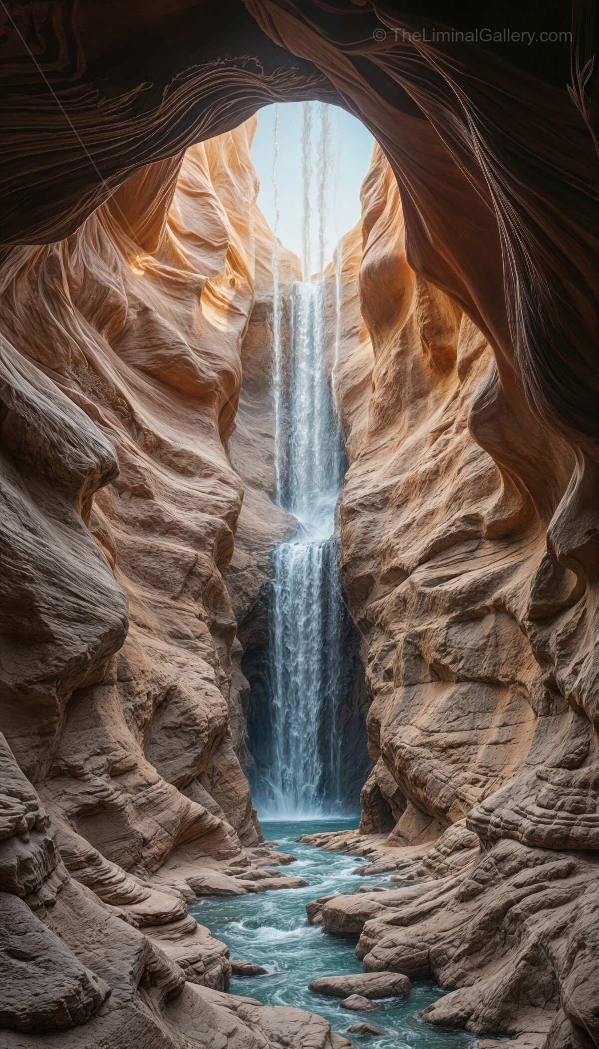 Beautiful waterfall cascading through a stunning desert oasis canyon at dawn