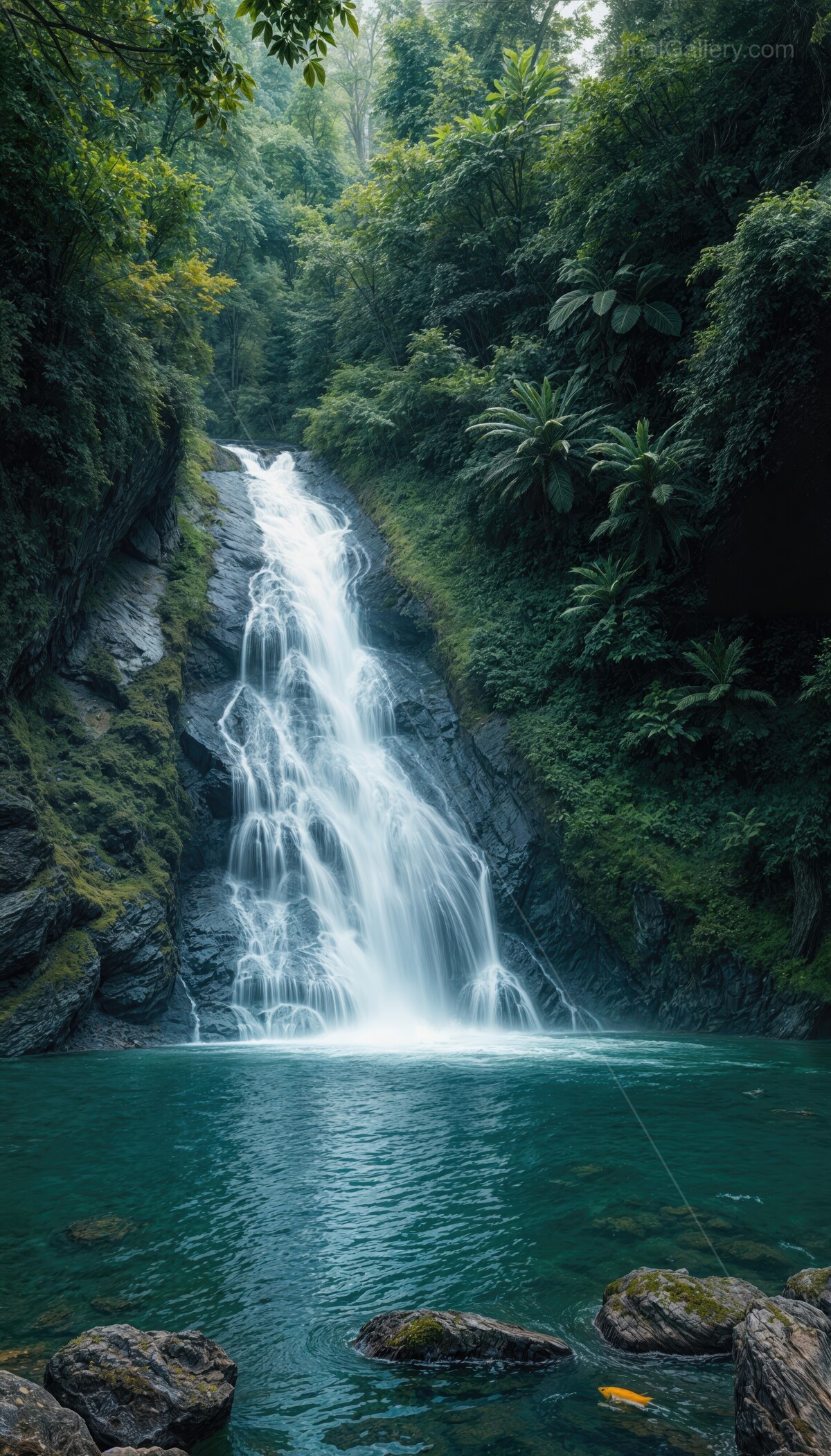 Small waterfall cascading through lush jungle surroundings under calming daylight