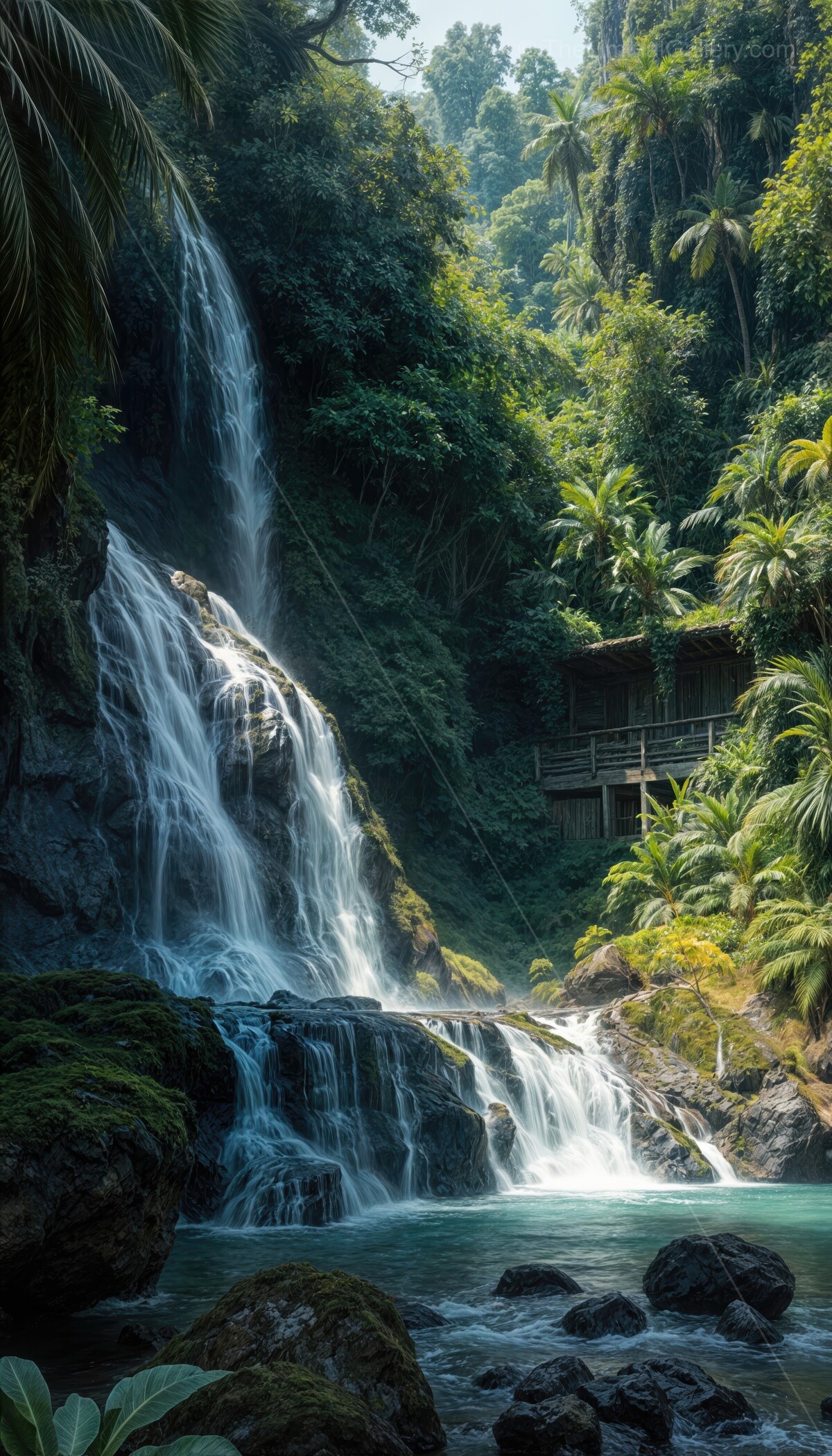 Cascading waterfall in a lush jungle oasis with vibrant greenery and serene water reflections